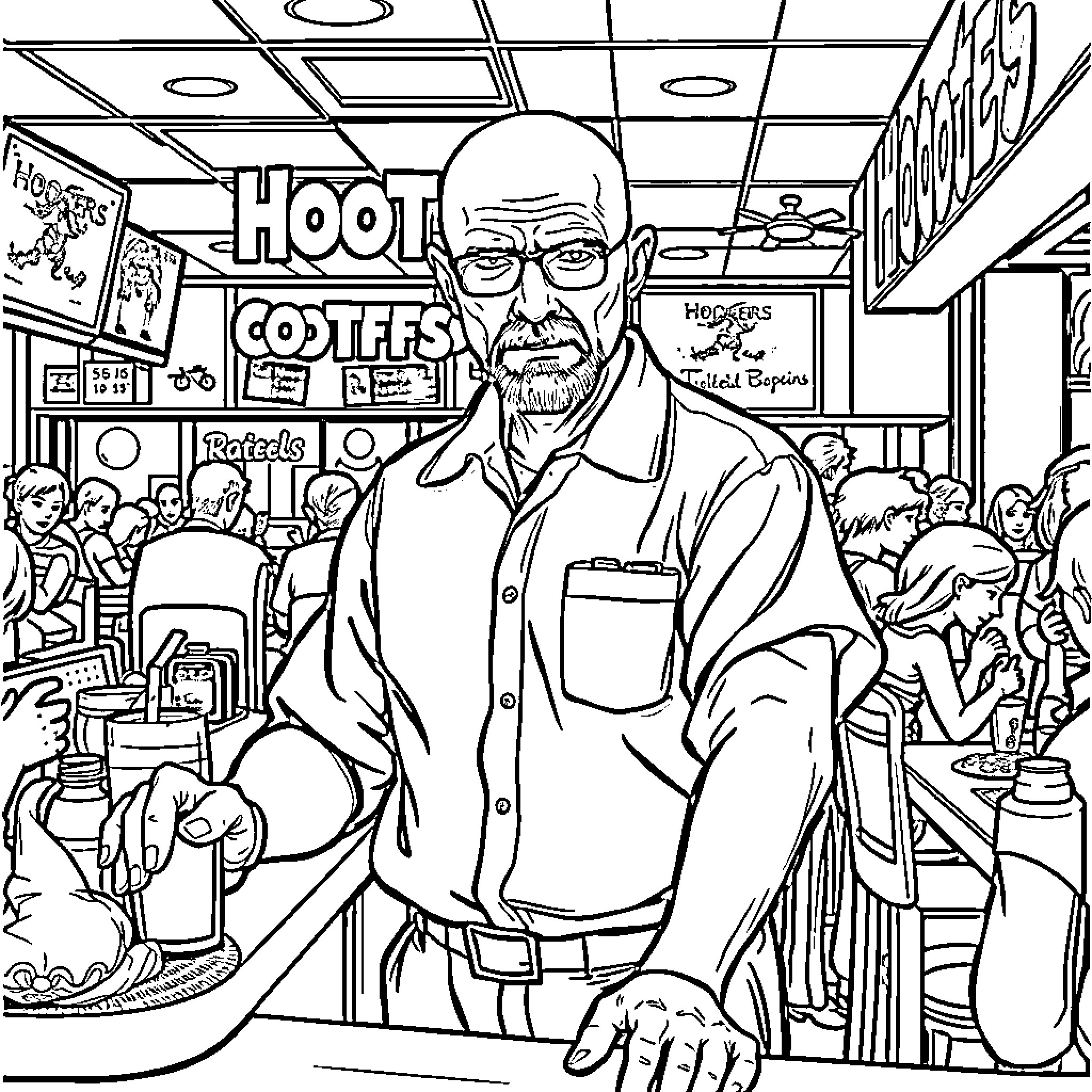Walter White working at a convenience store Coloring Page (free black-and-white line drawing printable PDF for all, from beginners to advanced learners, including children, teens, adults, and seniors)