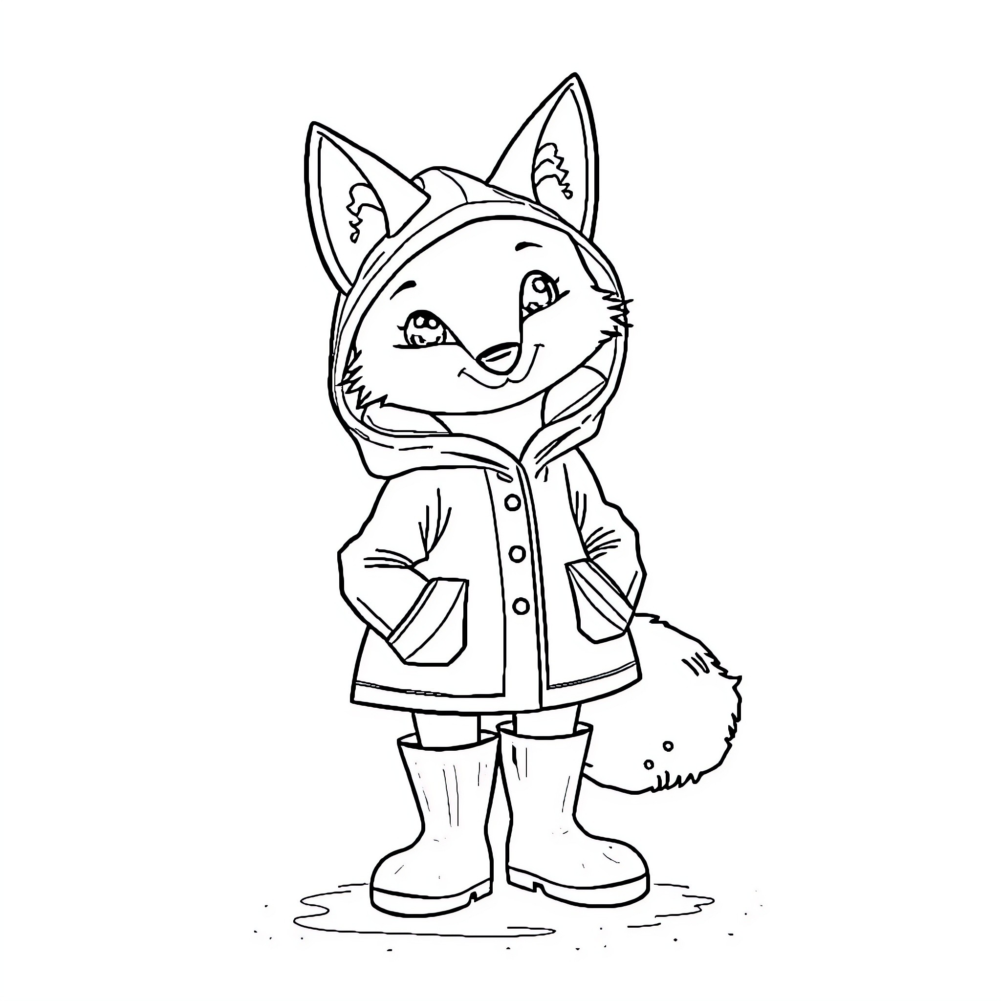 Fox wearing a raincoat and rain boots Coloring Page (free black-and-white line drawing printable PDF for all, from beginners to advanced learners, including children, teens, adults, and seniors)