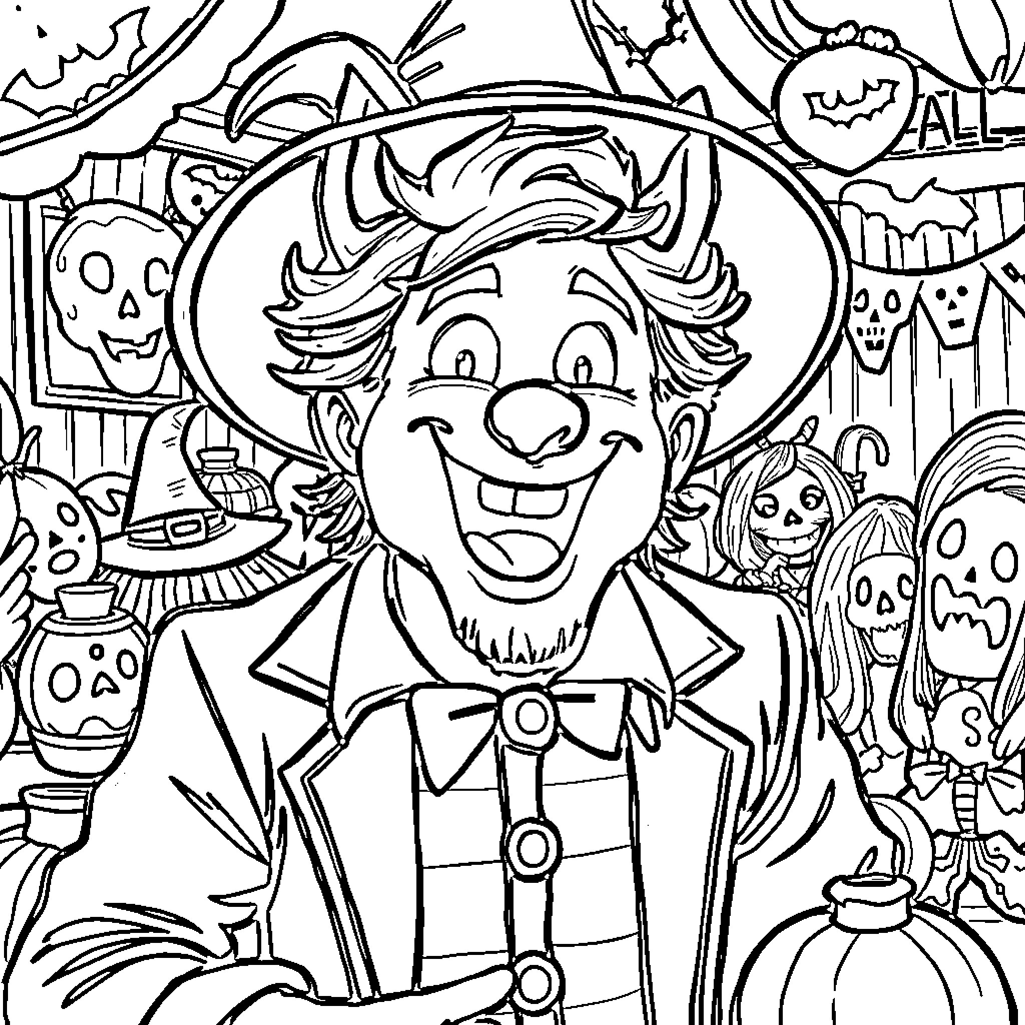 Morgan Wallen in a Spooky Halloween Scene Coloring Page (free black-and-white line drawing printable PDF for all, from beginners to advanced learners, including children, teens, adults, and seniors)