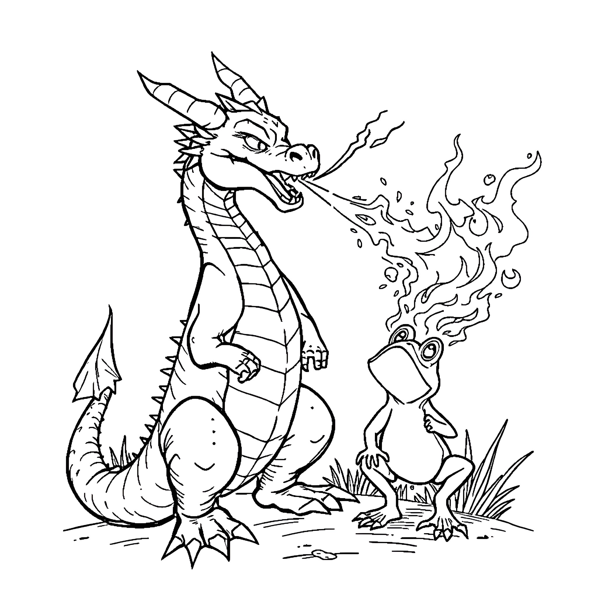 Dragon breathing fire at a frog Coloring Page (free black-and-white line drawing printable PDF for all, from beginners to advanced learners, including children, teens, adults, and seniors)