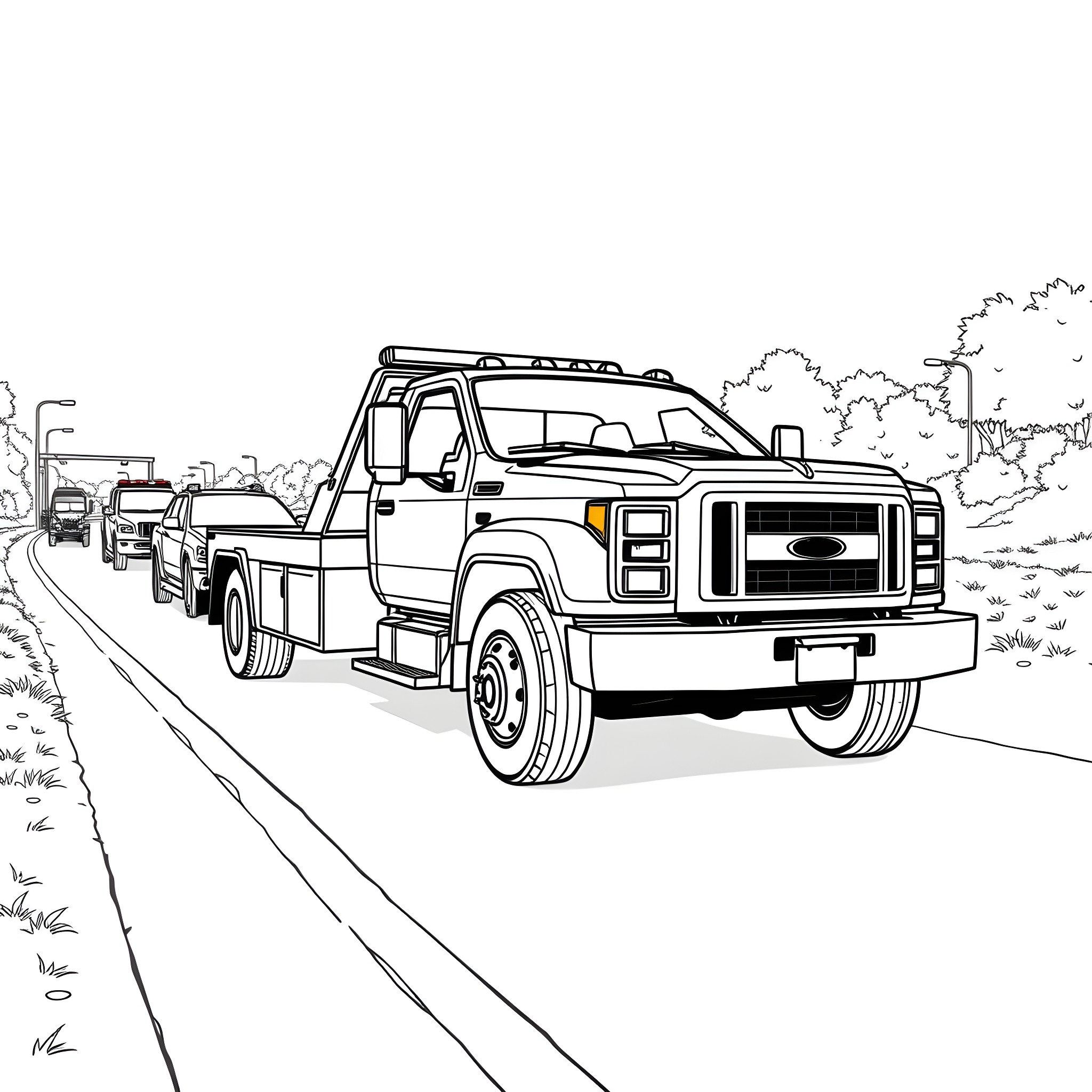 Wrecker towing cars on a rural highway Coloring Page (free black-and-white line drawing printable PDF for all, from beginners to advanced learners, including children, teens, adults, and seniors)