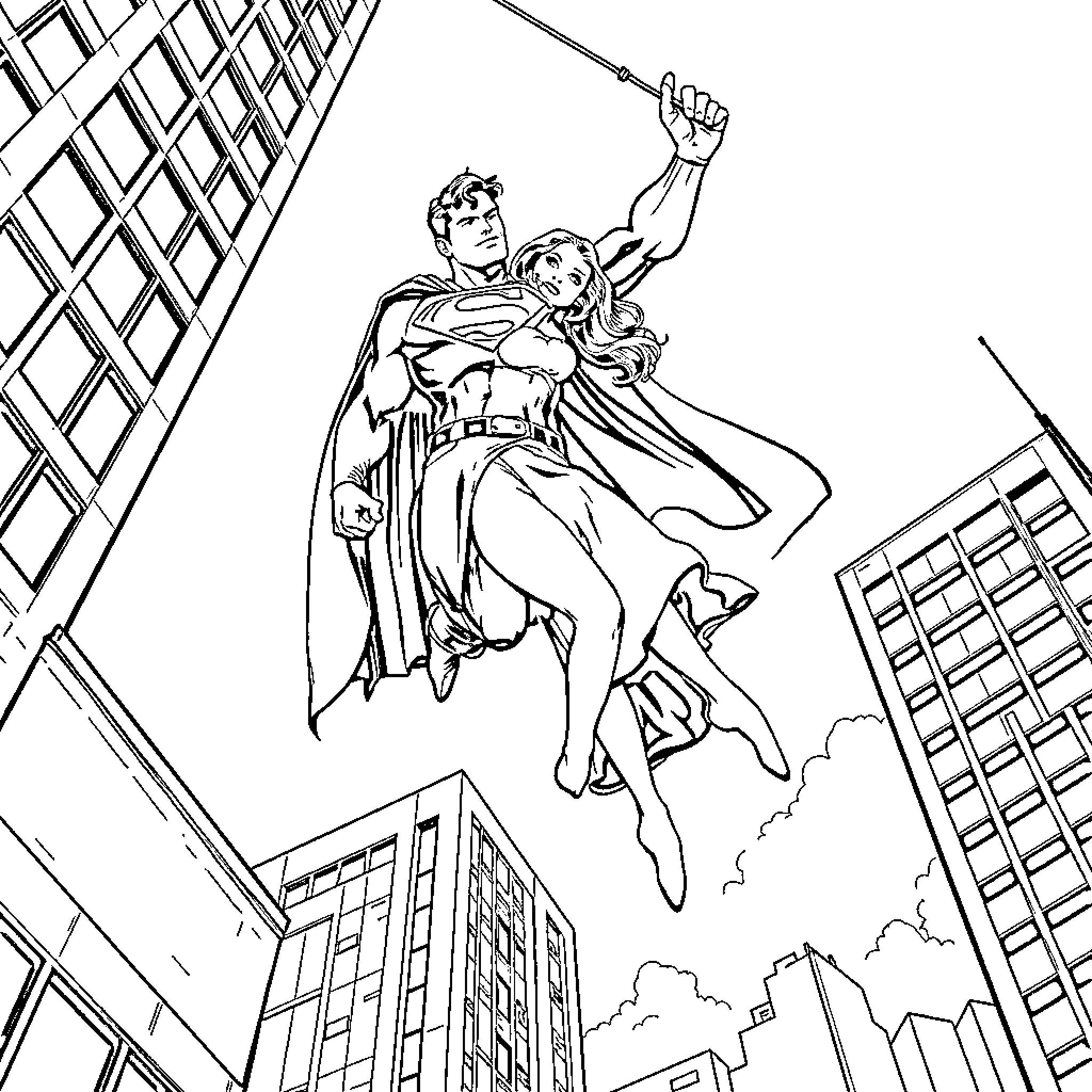 Superman heroically saving a civilian in the city Coloring Page (free black-and-white line drawing printable PDF for all, from beginners to advanced learners, including children, teens, adults, and seniors)
