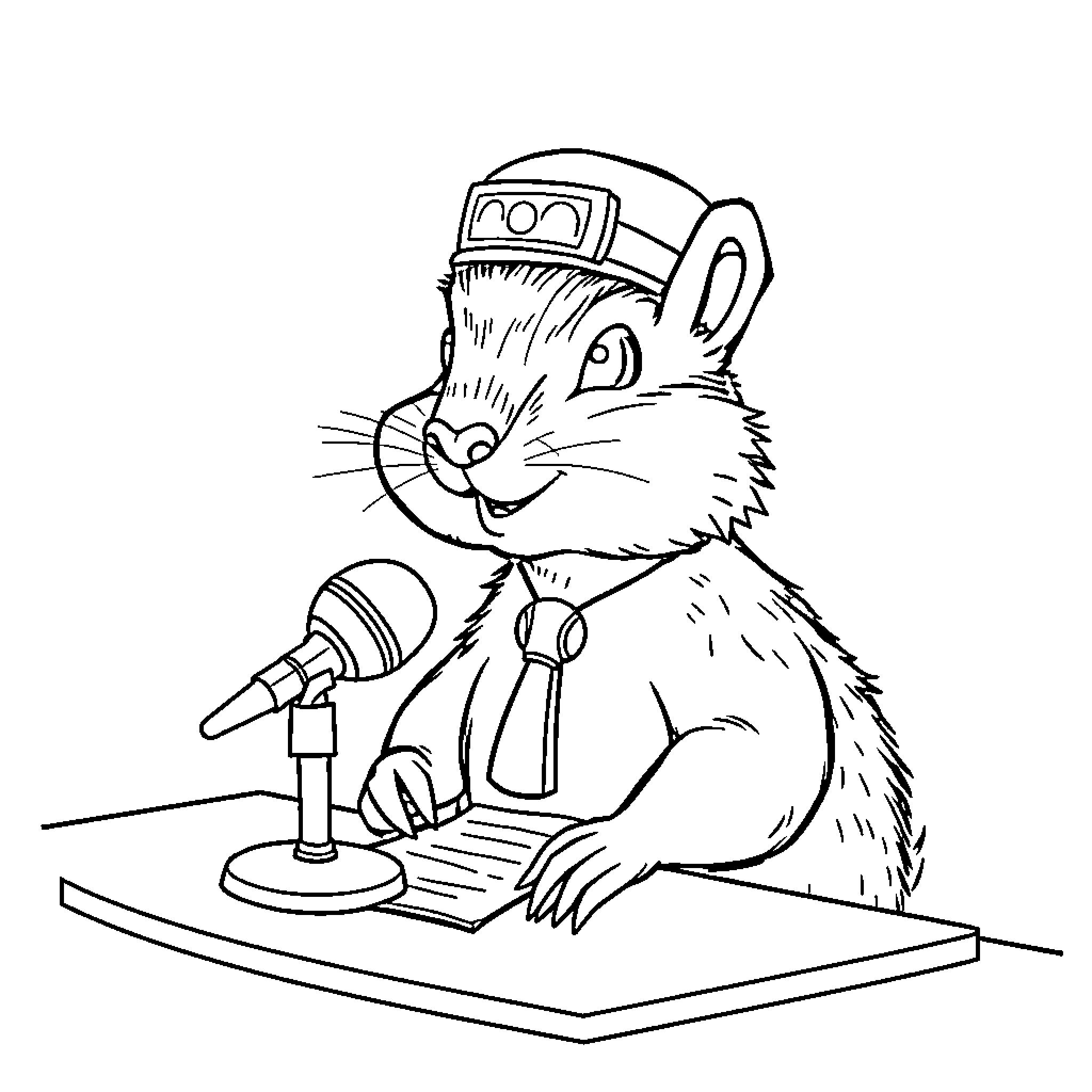 Woodchuck giving a speech with a microphone Coloring Page (free black-and-white line drawing printable PDF for all, from beginners to advanced learners, including children, teens, adults, and seniors)