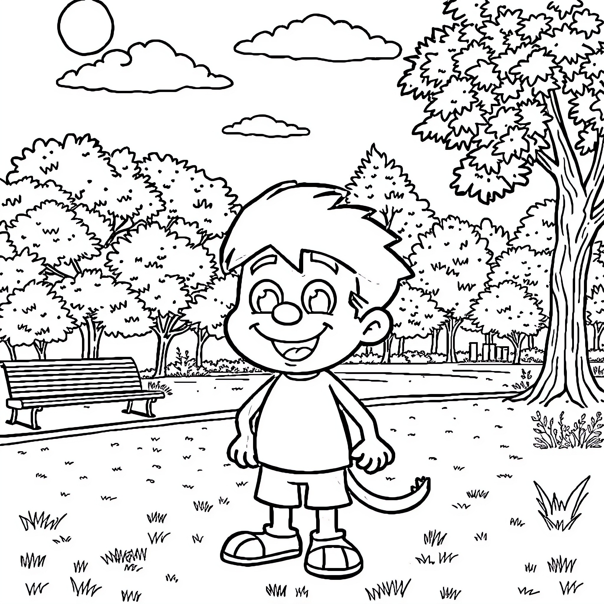 Mikey Mose enjoys a sunny day in the park Coloring Page (free black-and-white line drawing printable PDF for all, from beginners to advanced learners, including children, teens, adults, and seniors)