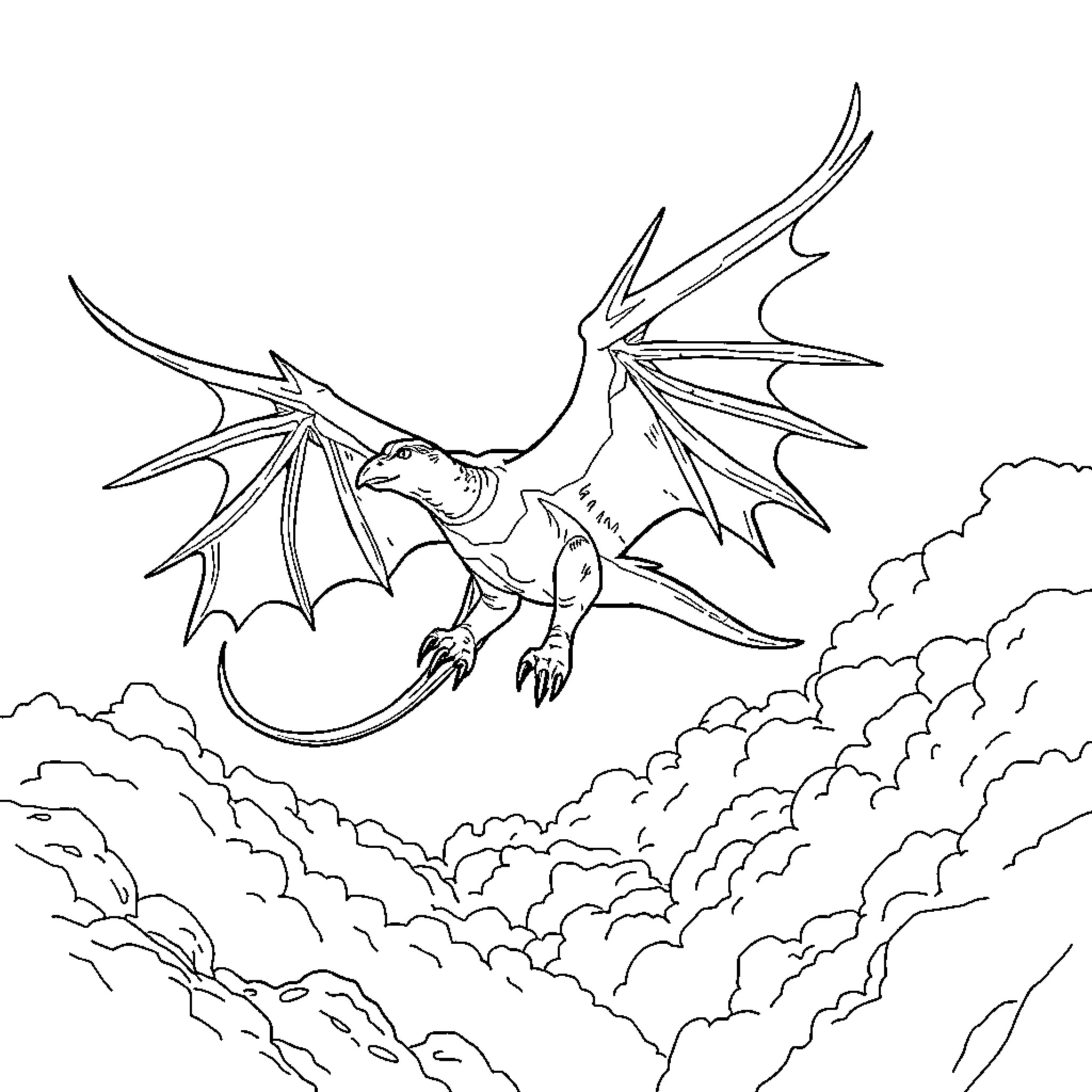 Monster Plane flying among clouds in the sky Coloring Page (free black-and-white line drawing printable PDF for all, from beginners to advanced learners, including children, teens, adults, and seniors)