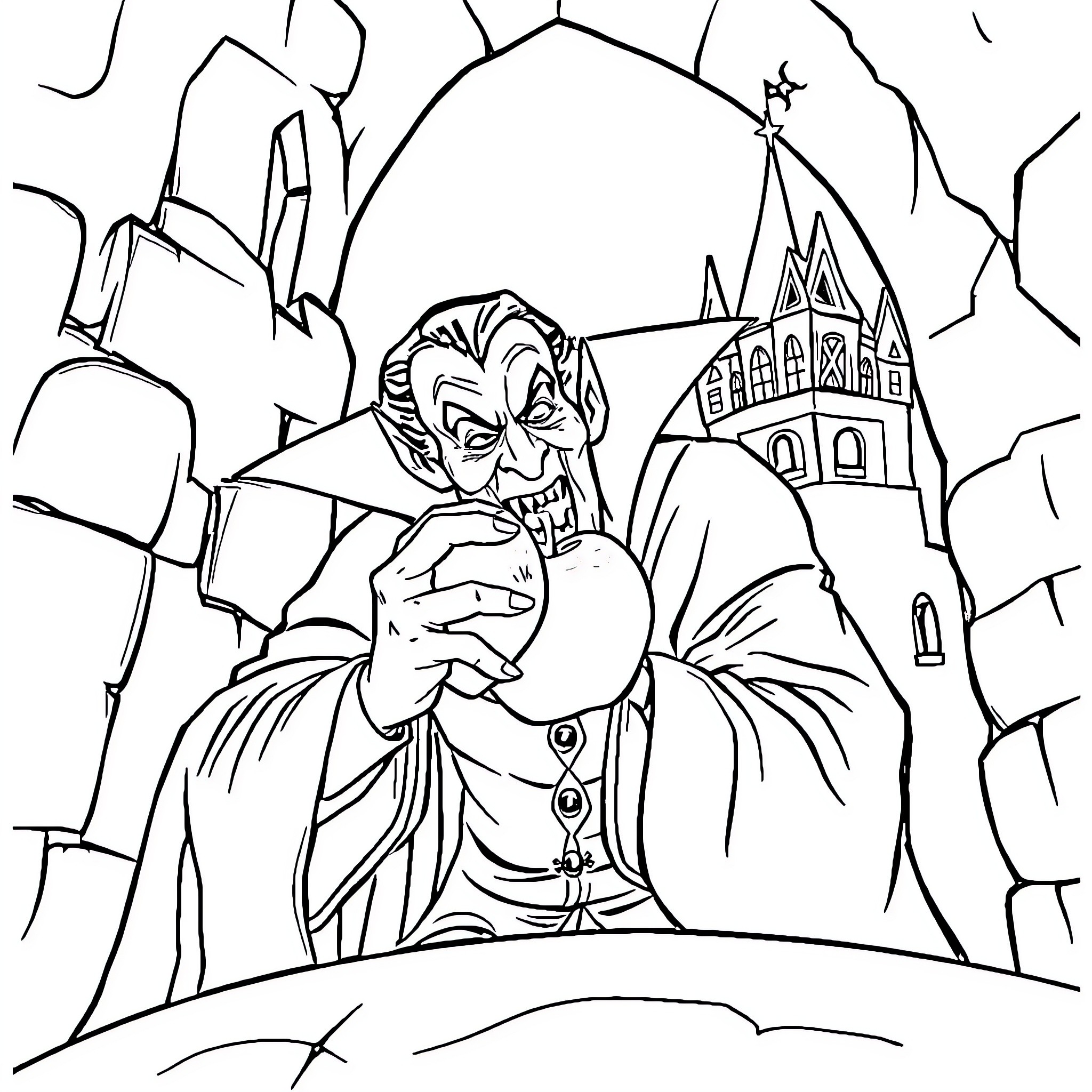 Dracula standing menacingly in front of his castle Coloring Page (free black-and-white line drawing printable PDF for all, from beginners to advanced learners, including children, teens, adults, and seniors)