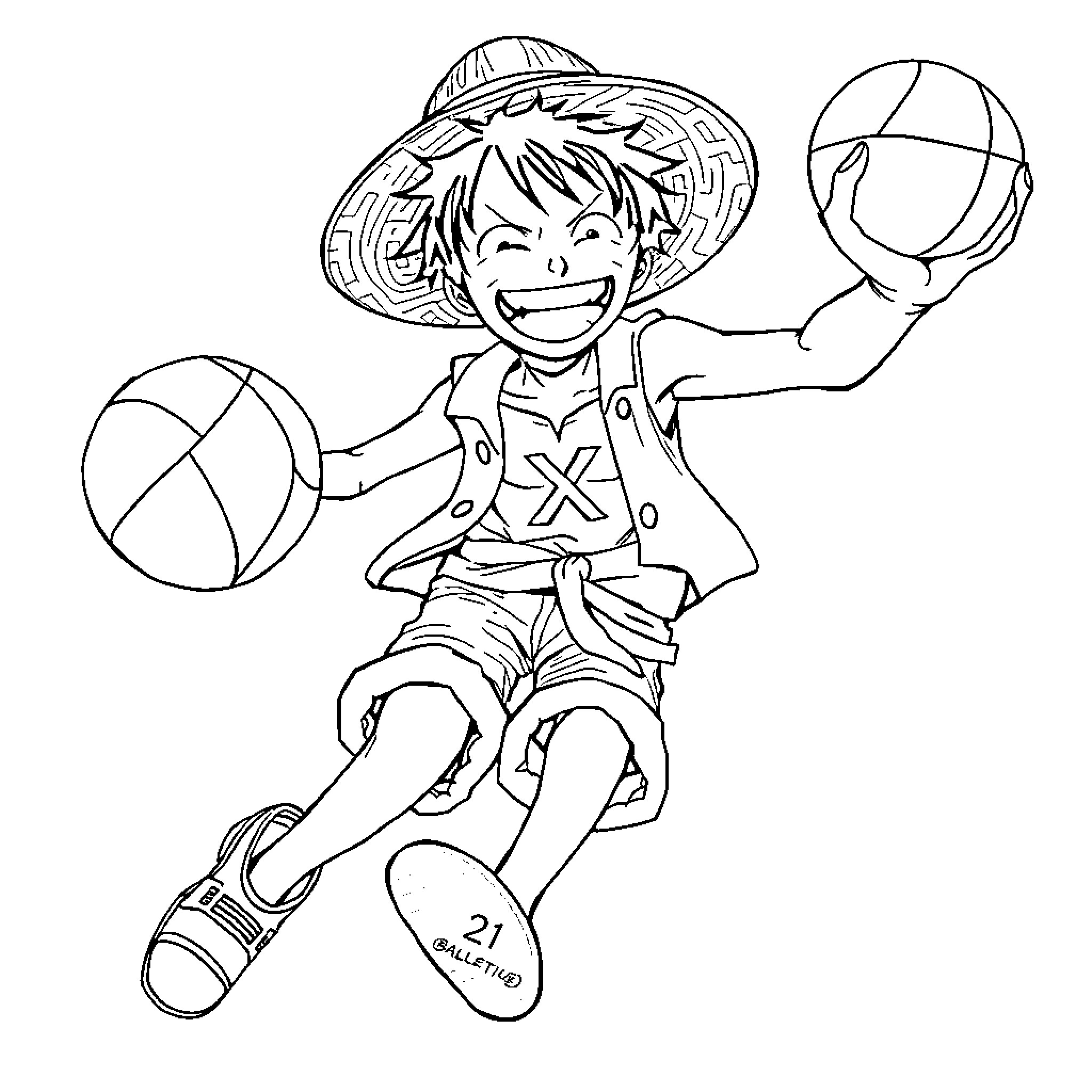 Luffy playing joyfully with beach balls Coloring Page (free black-and-white line drawing printable PDF for all, from beginners to advanced learners, including children, teens, adults, and seniors)