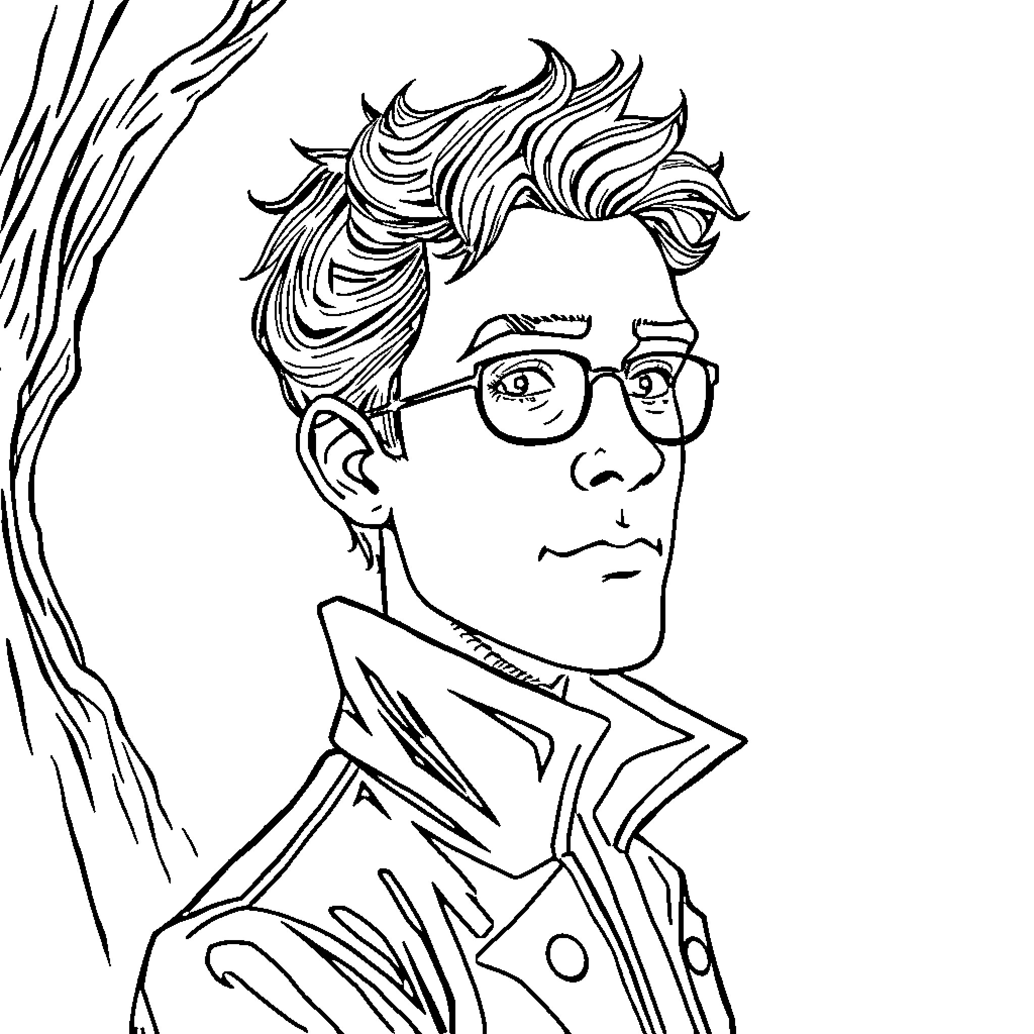 Book of a man with glasses and stylized hair Coloring Page (free black-and-white line drawing printable PDF for all, from beginners to advanced learners, including children, teens, adults, and seniors)
