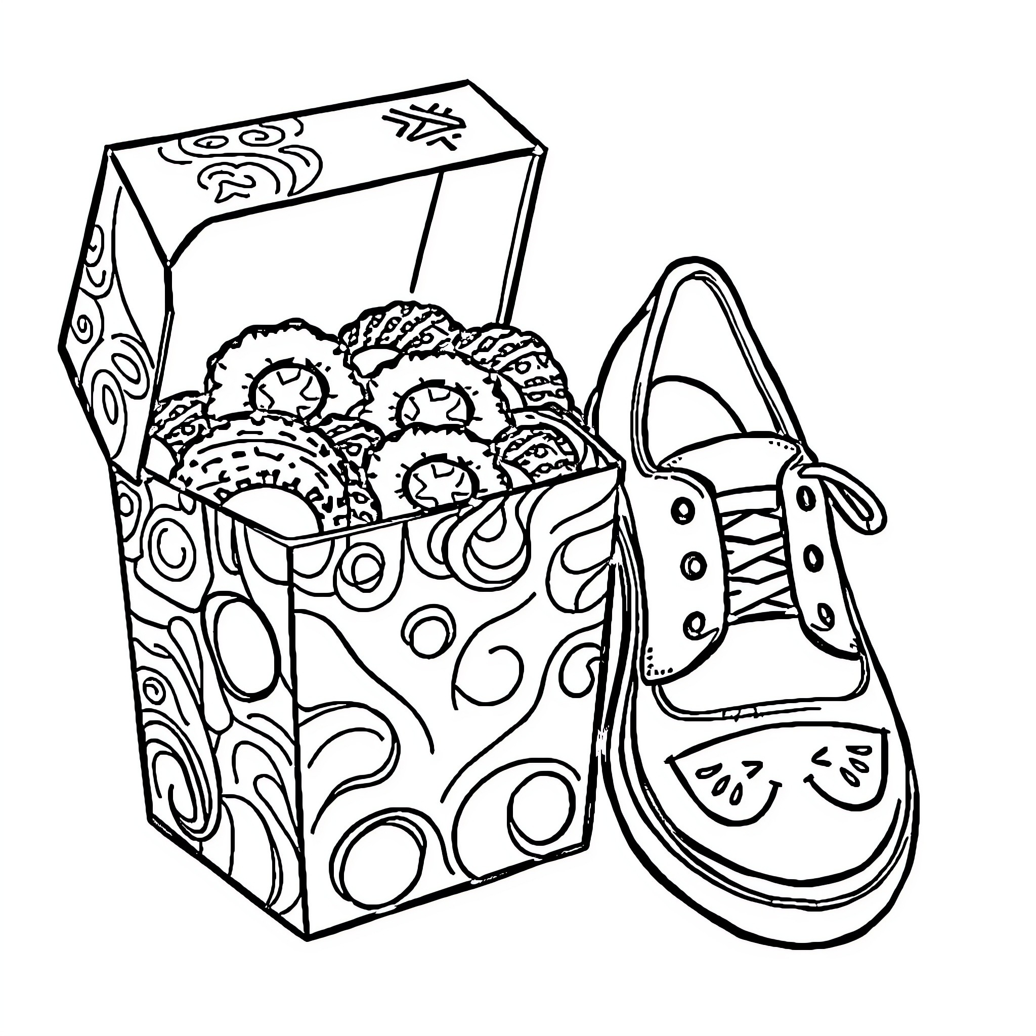 Sushi in decorative box with laced sneakers Coloring Page (free black-and-white line drawing printable PDF for all, from beginners to advanced learners, including children, teens, adults, and seniors)
