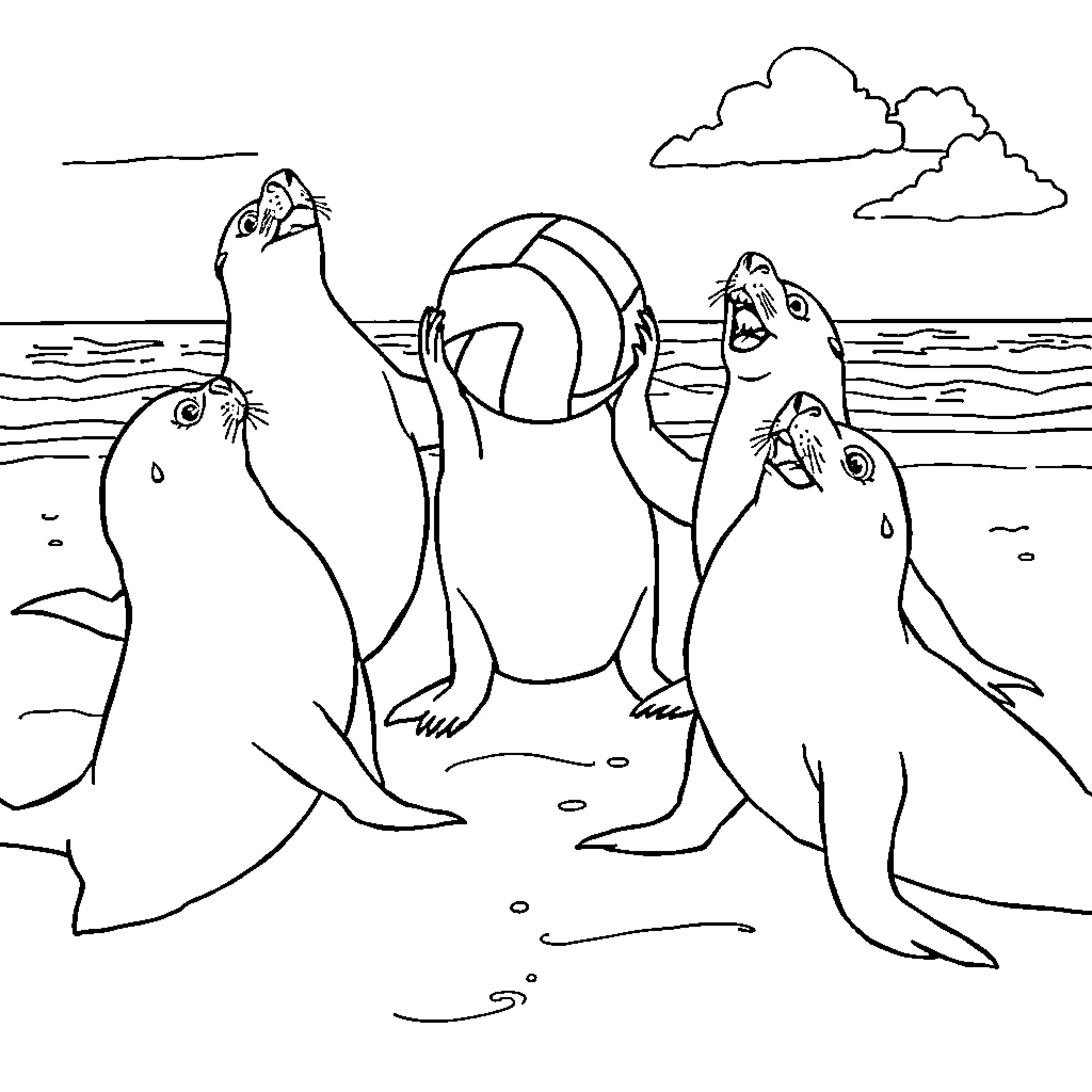 Sea Lions Playing with Volleyball on the Beach Coloring Page (free black-and-white line drawing printable PDF for all, from beginners to advanced learners, including children, teens, adults, and seniors)