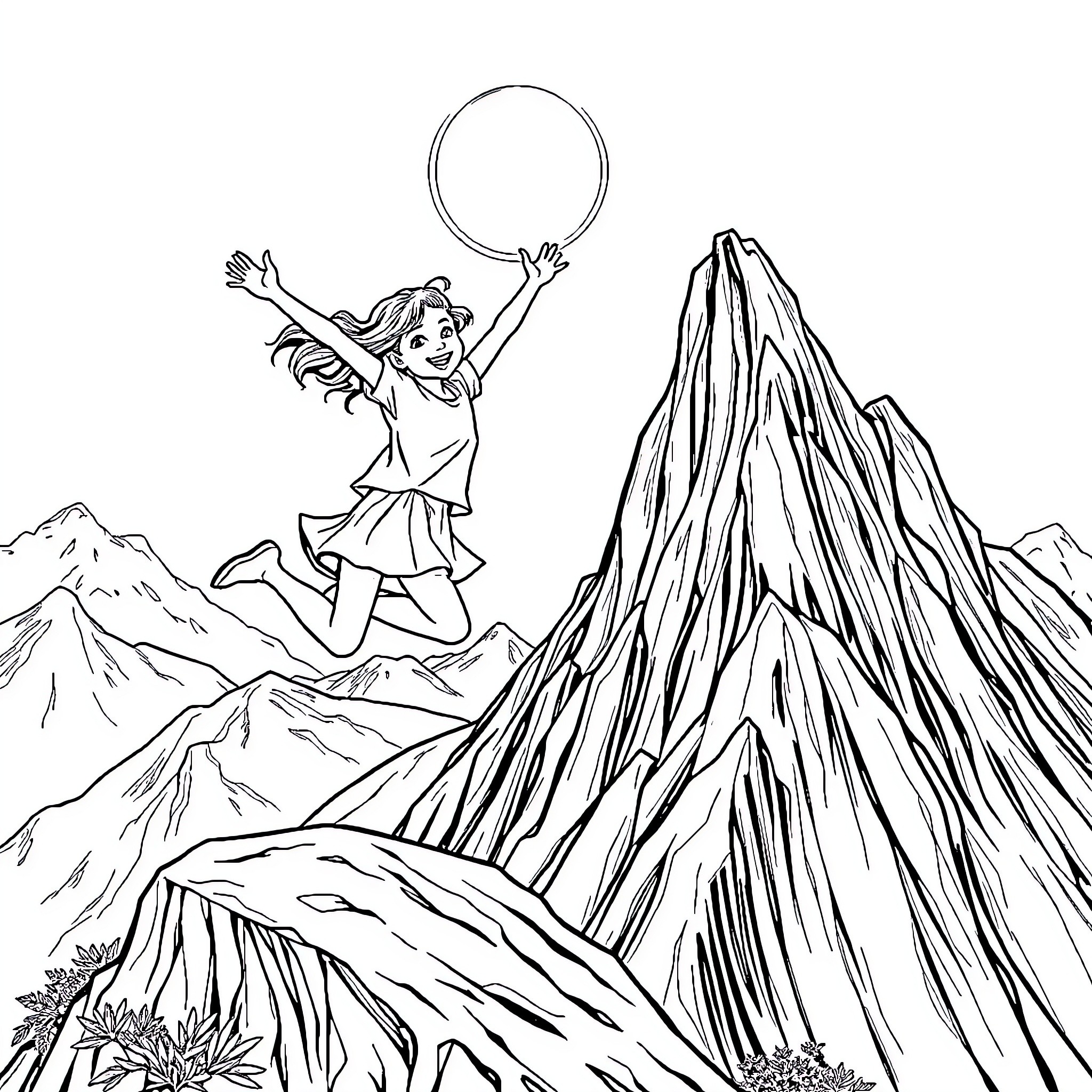 Girl explores mountain terrain with joy and adventure Coloring Page (free black-and-white line drawing printable PDF for all, from beginners to advanced learners, including children, teens, adults, and seniors)