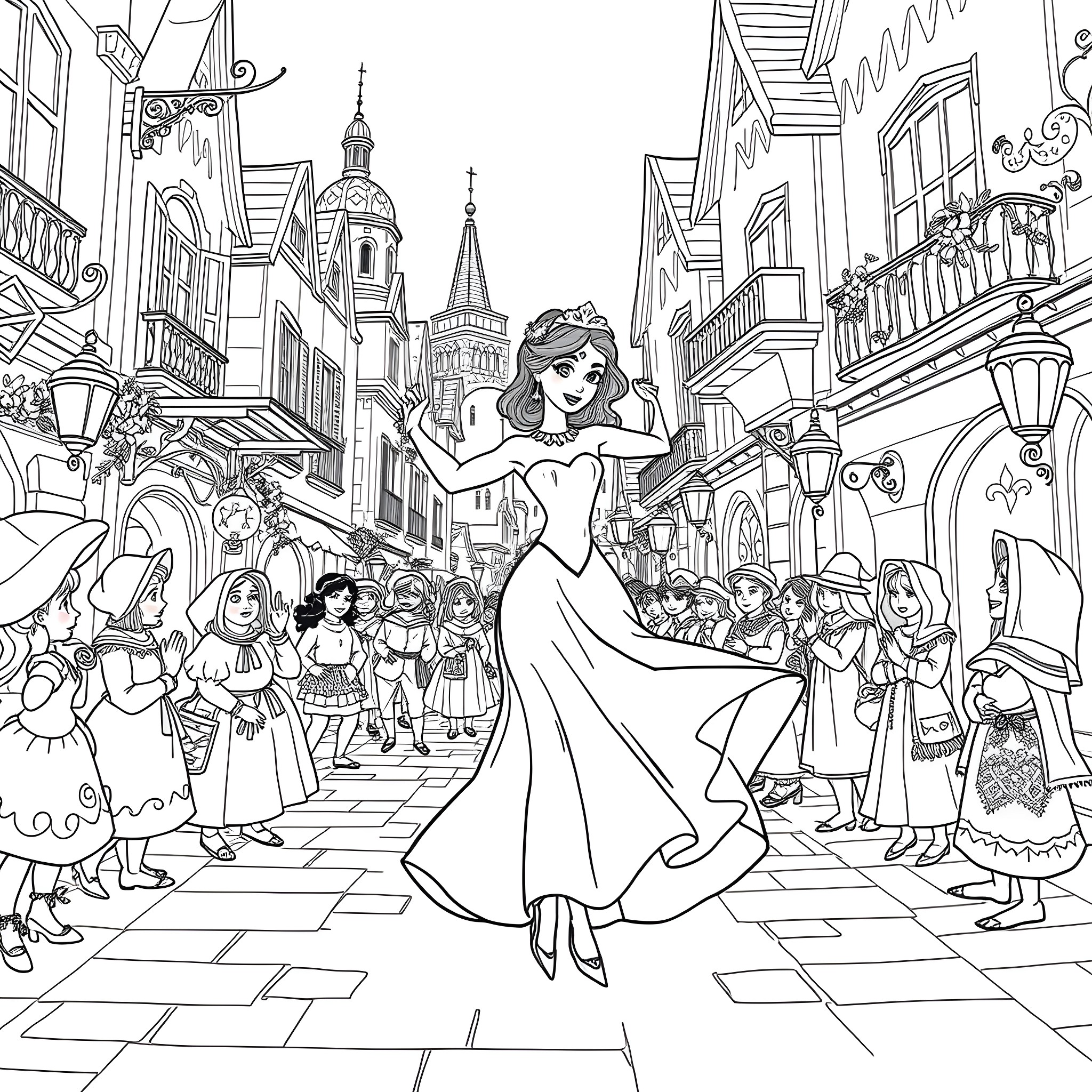 Esmeralda's Vibrant Dance in the Lively City Square Coloring Page (free black-and-white line drawing printable PDF for all, from beginners to advanced learners, including children, teens, adults, and seniors)