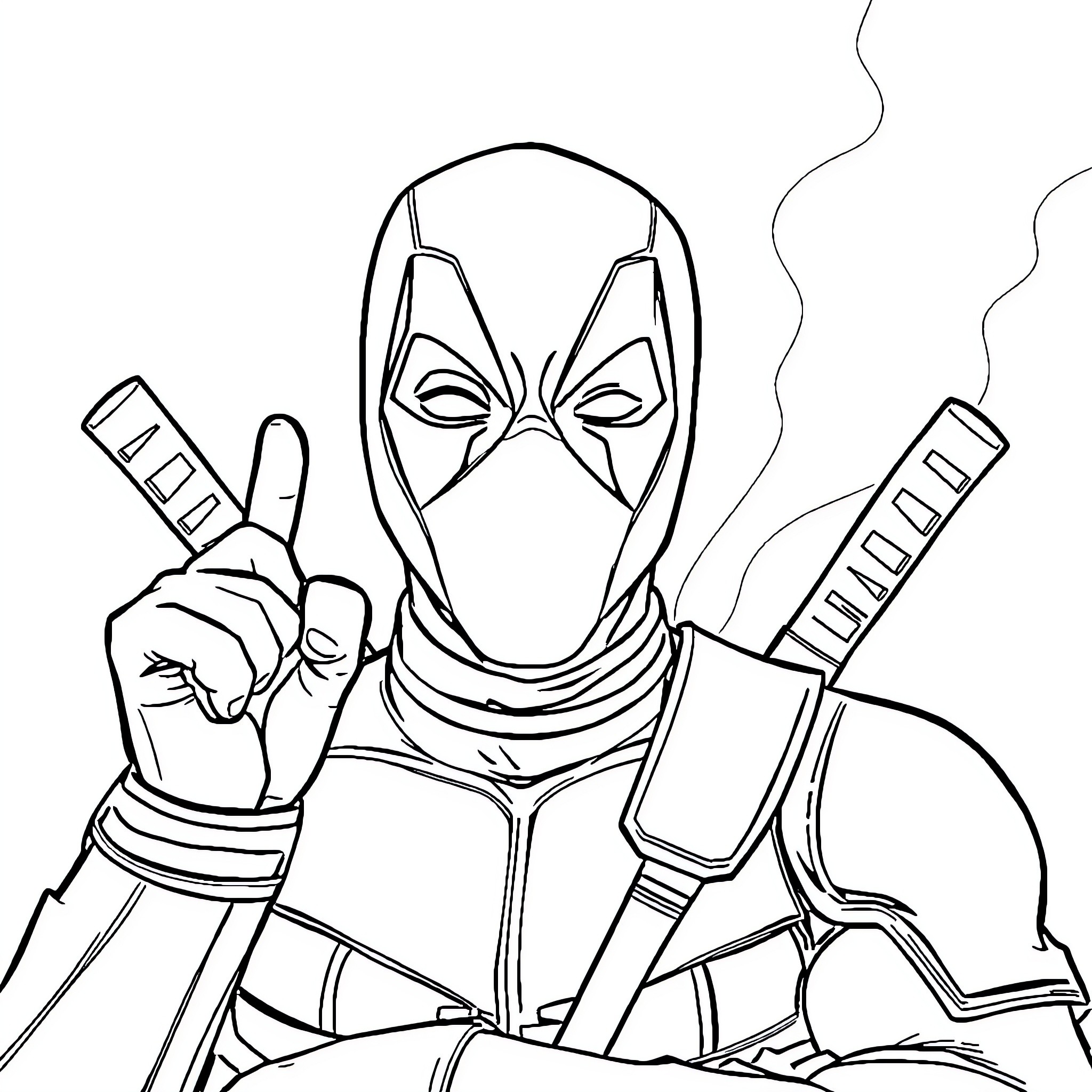 Deadpool Striking a Heroic Pose Coloring Page (free black-and-white line drawing printable PDF for all, from beginners to advanced learners, including children, teens, adults, and seniors)