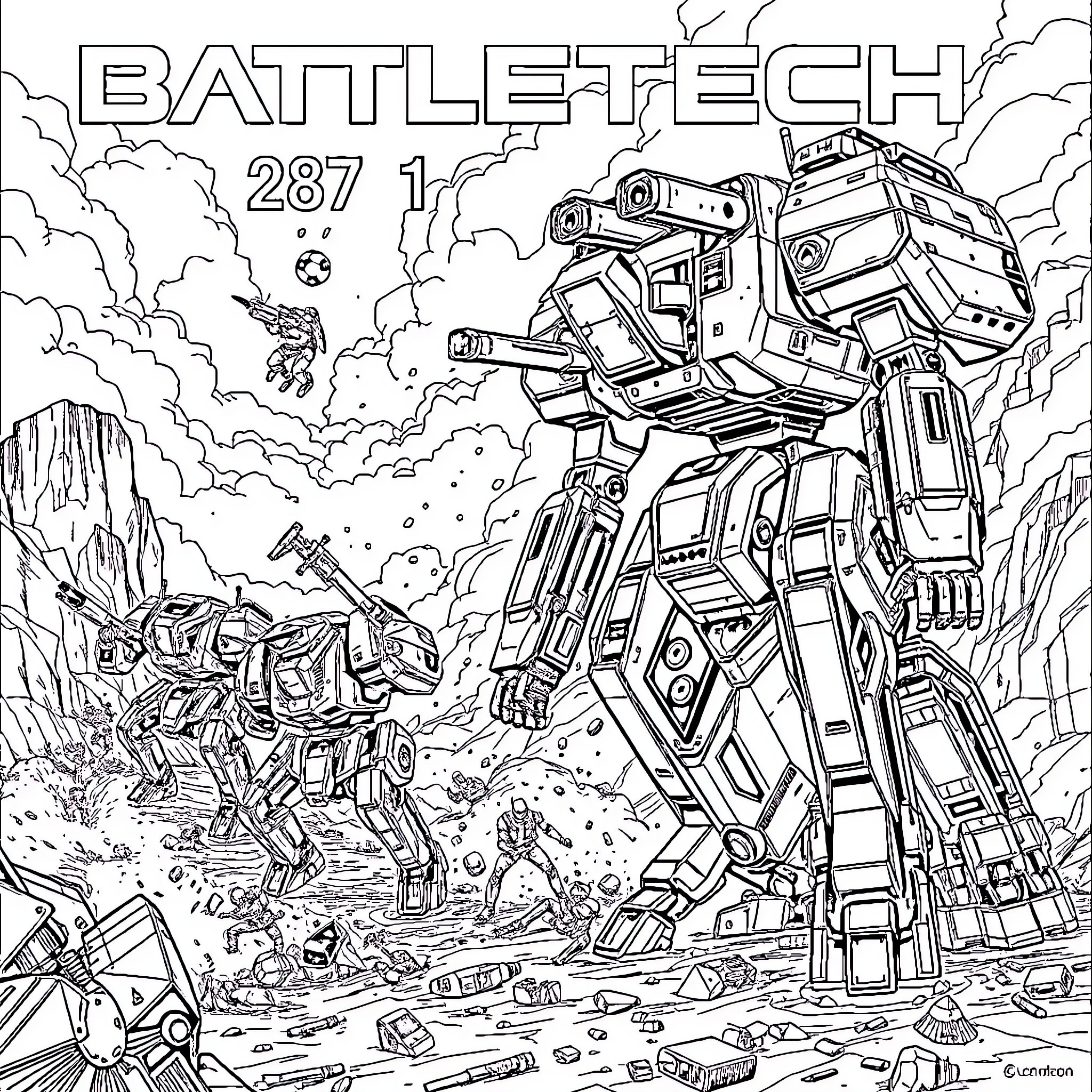 Battletech: Giant Mech Battling in Ruined Landscape Coloring Page (free black-and-white line drawing printable PDF for all, from beginners to advanced learners, including children, teens, adults, and seniors)