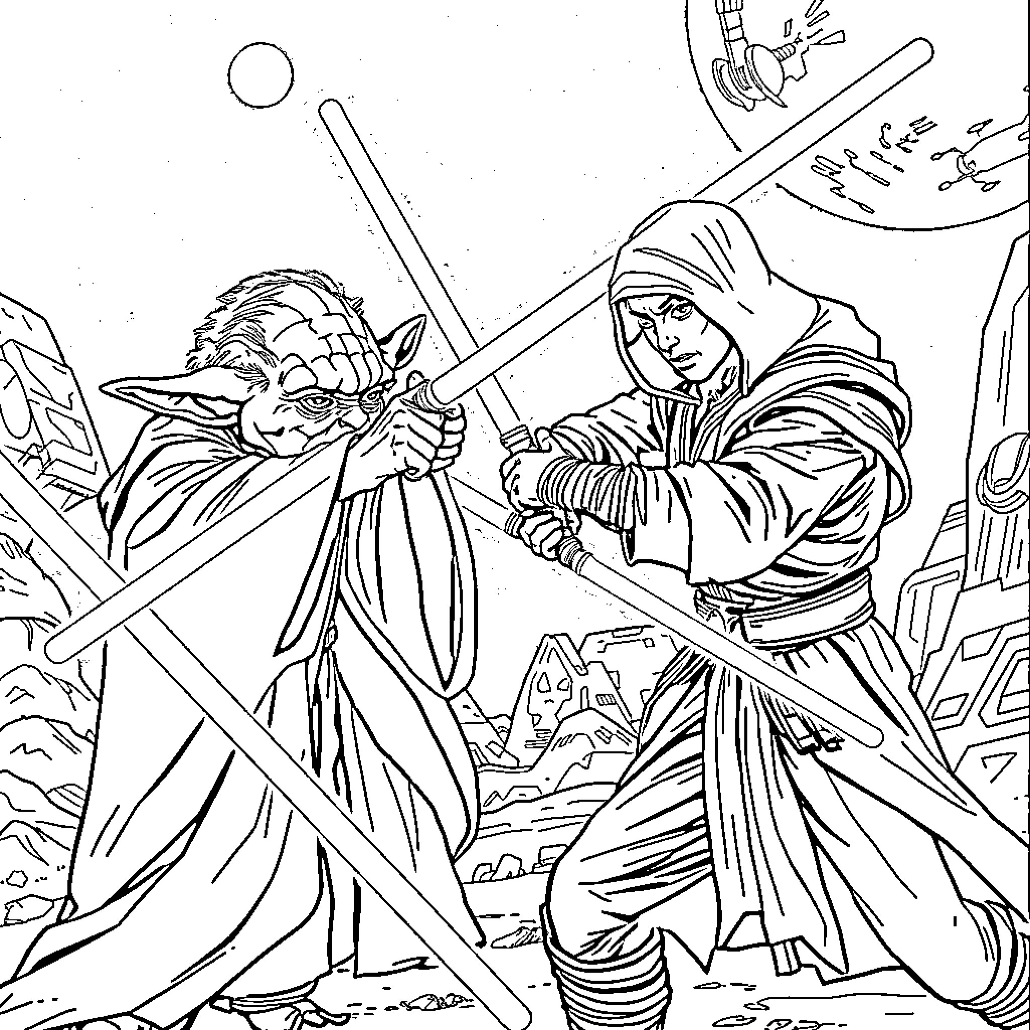 Yoda and warrior dueling in mystical landscape Coloring Page (free black-and-white line drawing printable PDF for all, from beginners to advanced learners, including children, teens, adults, and seniors)