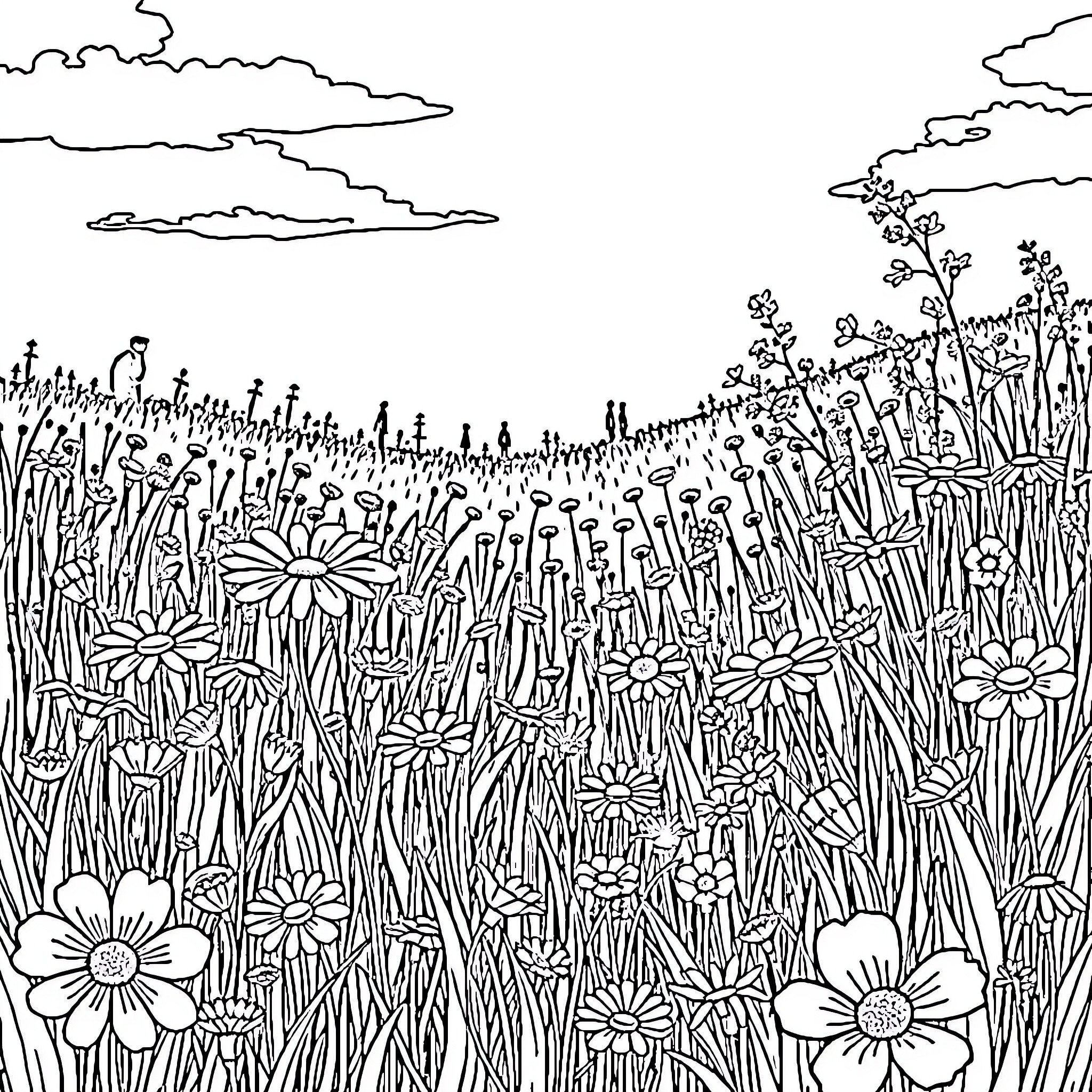 Meadow filled with blooming flowers under cloudy sky Coloring Page (free black-and-white line drawing printable PDF for all, from beginners to advanced learners, including children, teens, adults, and seniors)