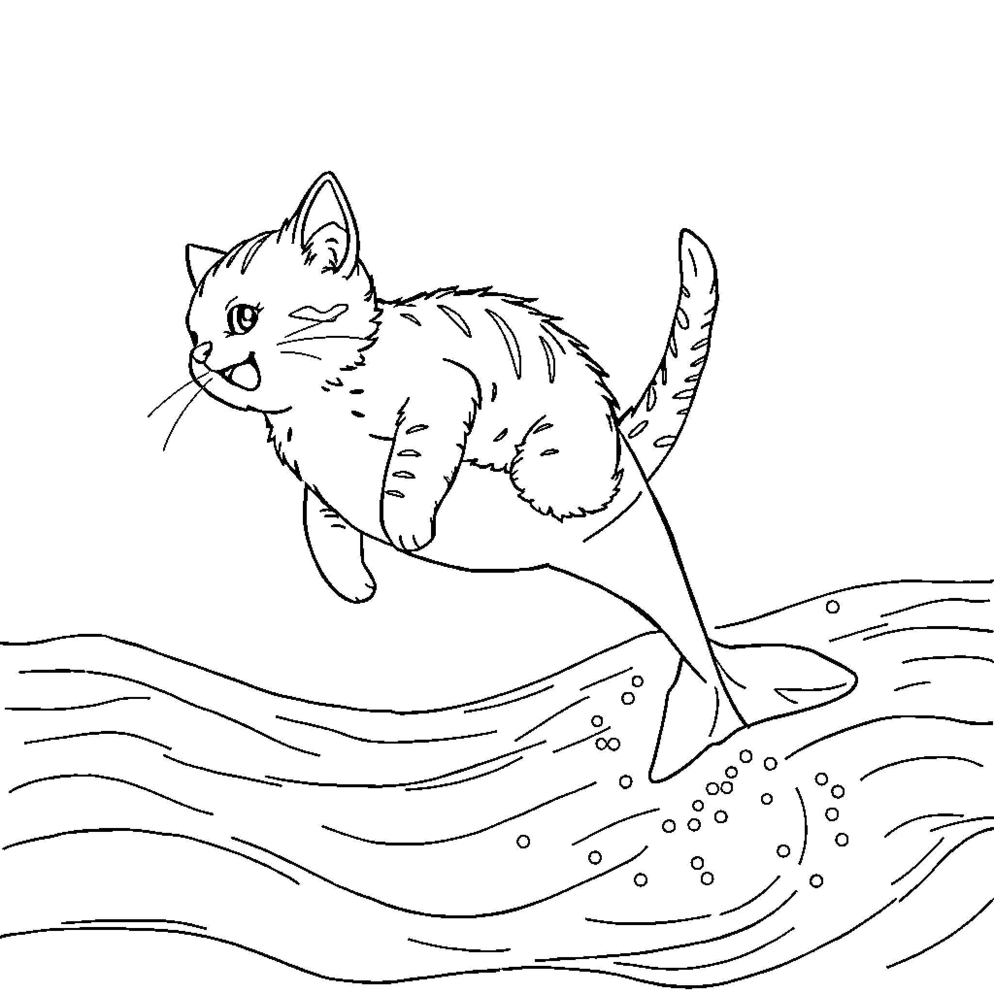 Kuschelkatze playing in the water Coloring Page (free black-and-white line drawing printable PDF for all, from beginners to advanced learners, including children, teens, adults, and seniors)
