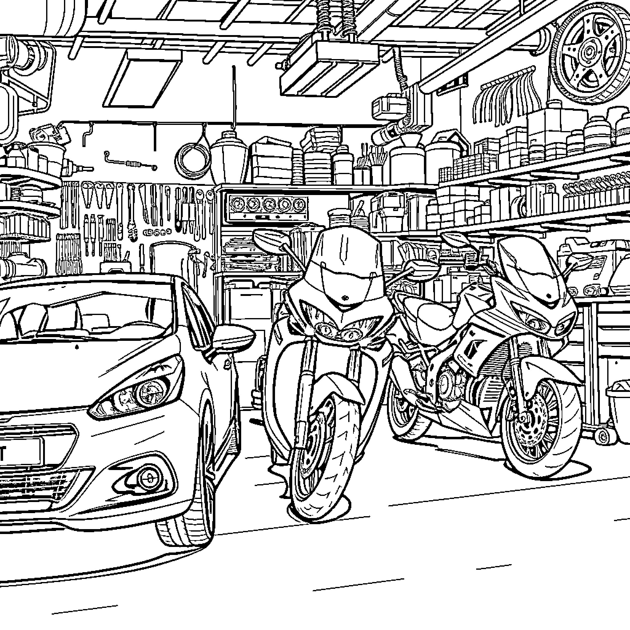 Car and Motorbike in Repair Workshop Coloring Page (free black-and-white line drawing printable PDF for all, from beginners to advanced learners, including children, teens, adults, and seniors)