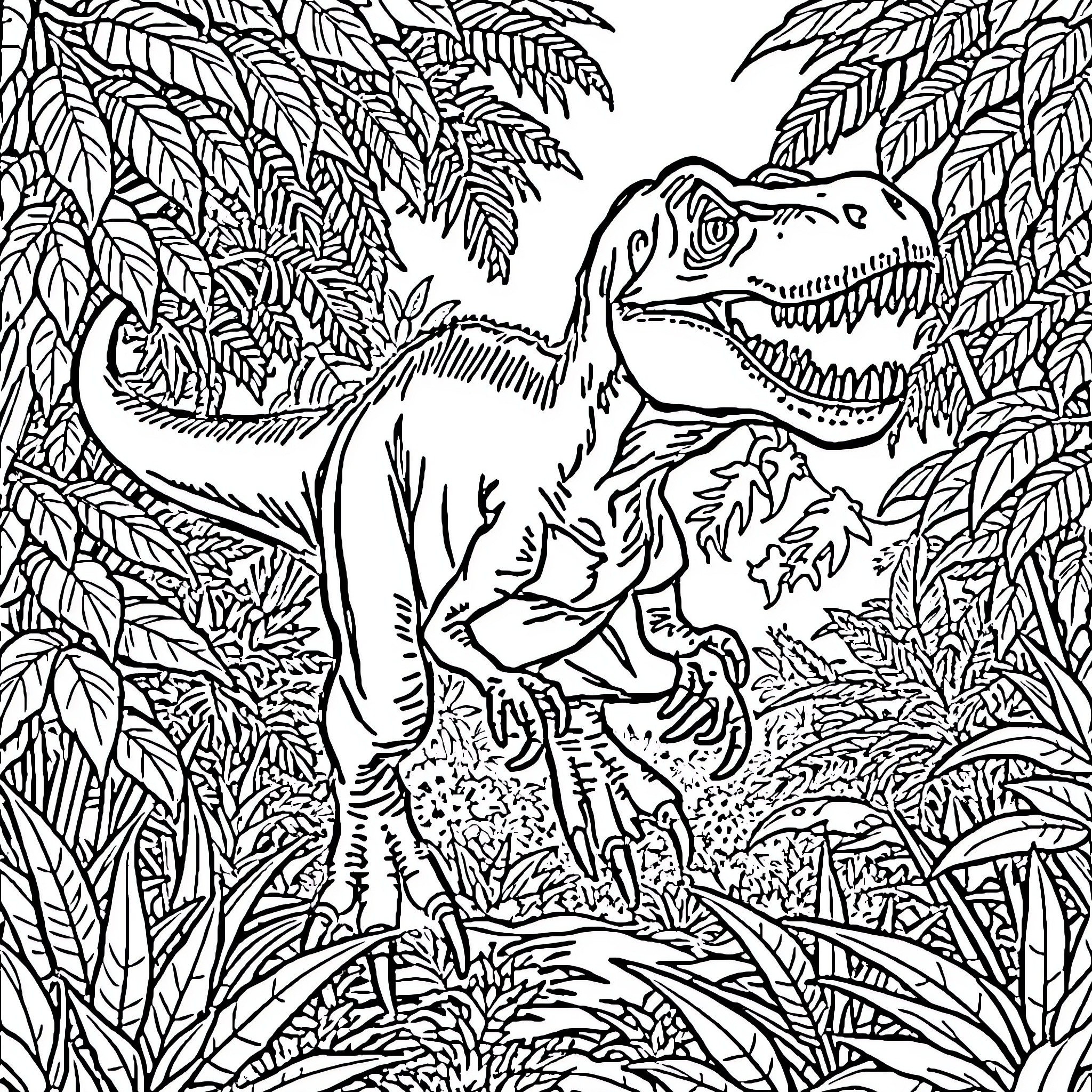 Velociraptor hunting in the prehistoric jungle Coloring Page (free black-and-white line drawing printable PDF for all, from beginners to advanced learners, including children, teens, adults, and seniors)