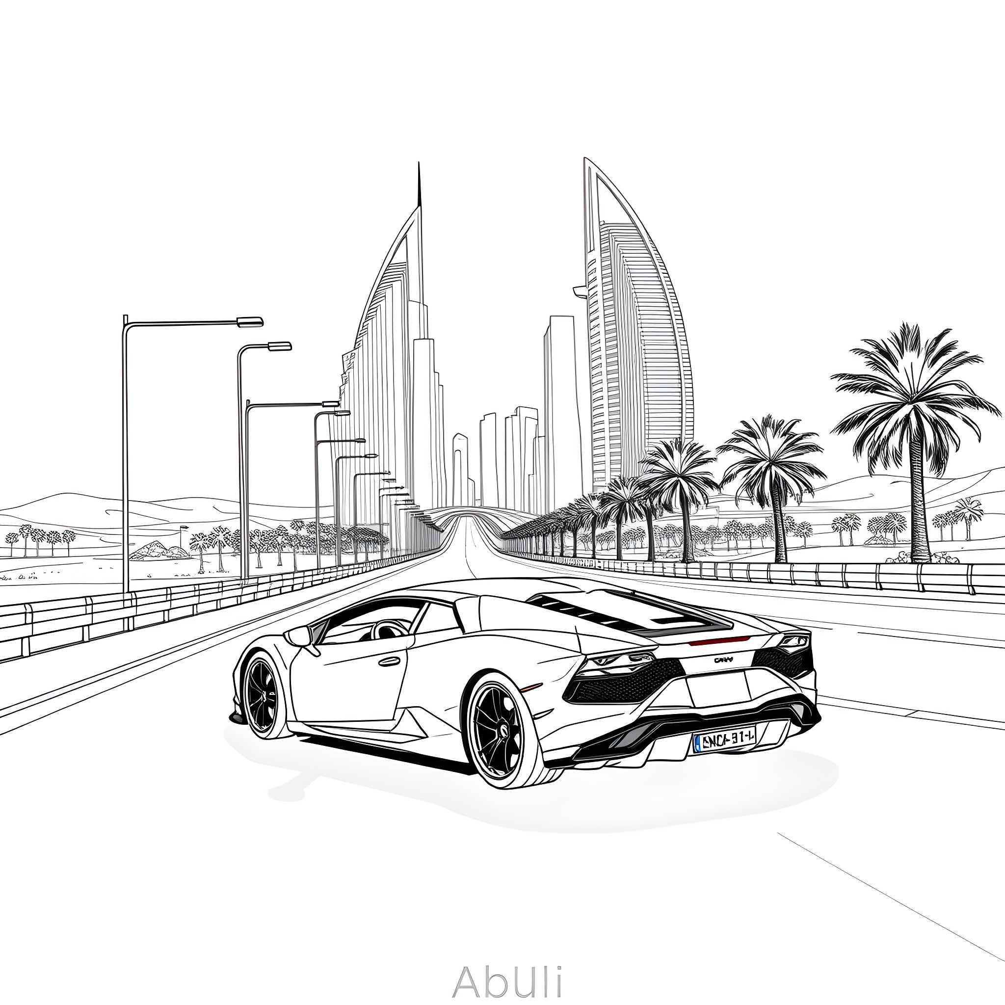 Lamborghini speeding on the highway in the city Coloring Page (free black-and-white line drawing printable PDF for all, from beginners to advanced learners, including children, teens, adults, and seniors)