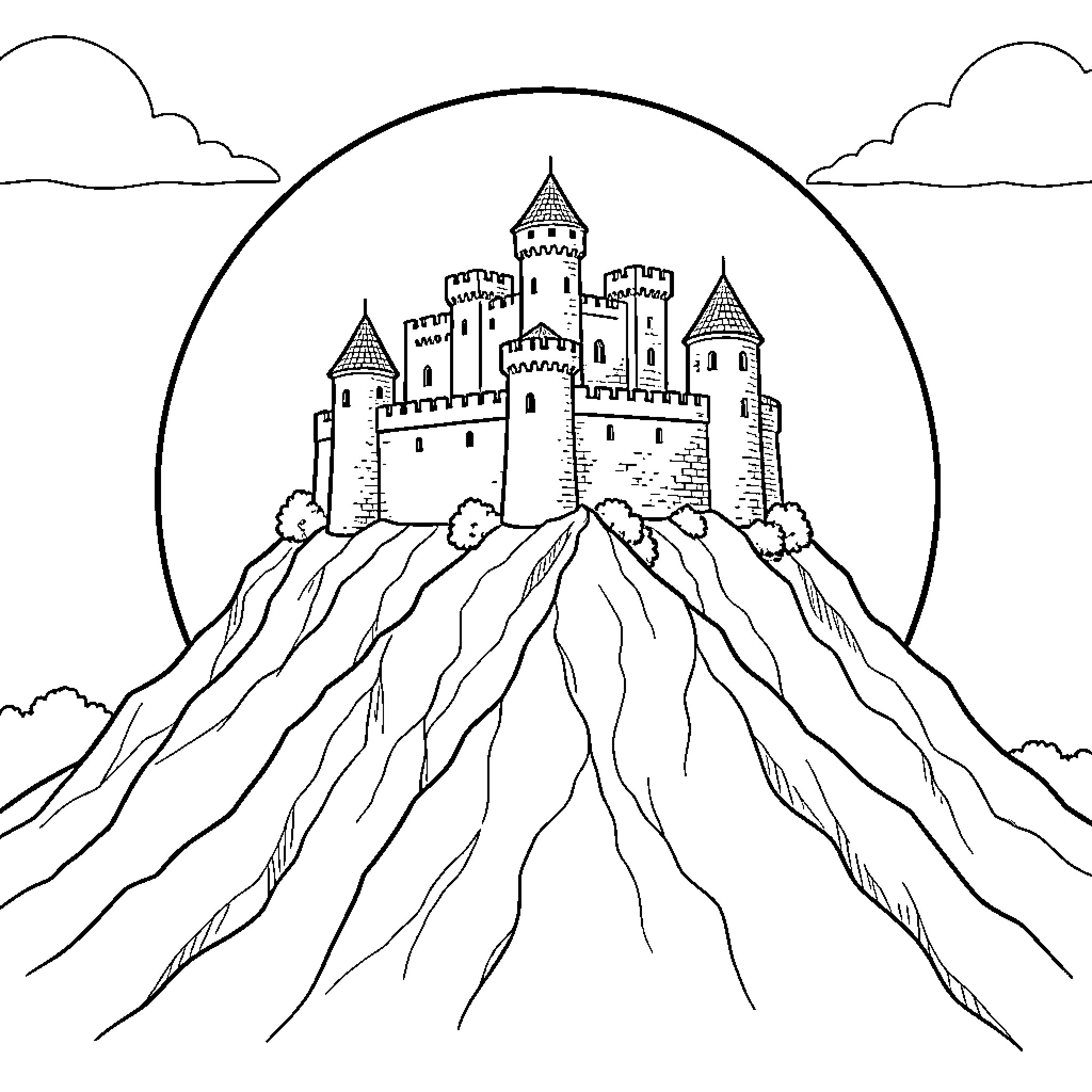 Castle atop a majestic mountain landscape Coloring Page (free black-and-white line drawing printable PDF for all, from beginners to advanced learners, including children, teens, adults, and seniors)