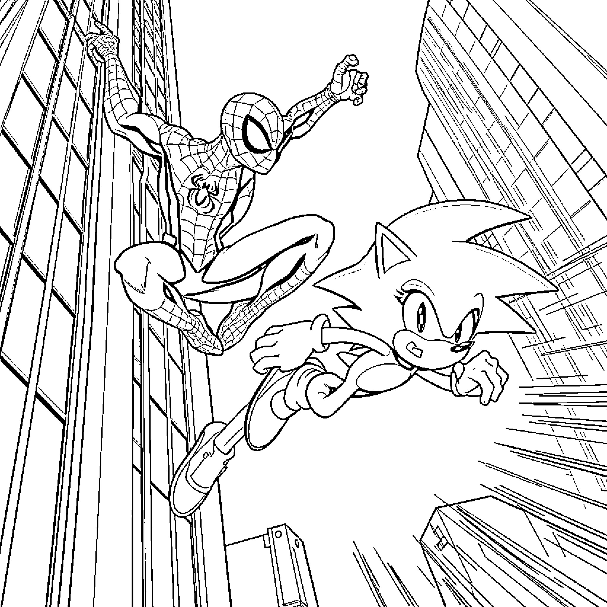 Spiderman swinging and chasing Sonic the Hedgehog Coloring Page (free black-and-white line drawing printable PDF for all, from beginners to advanced learners, including children, teens, adults, and seniors)