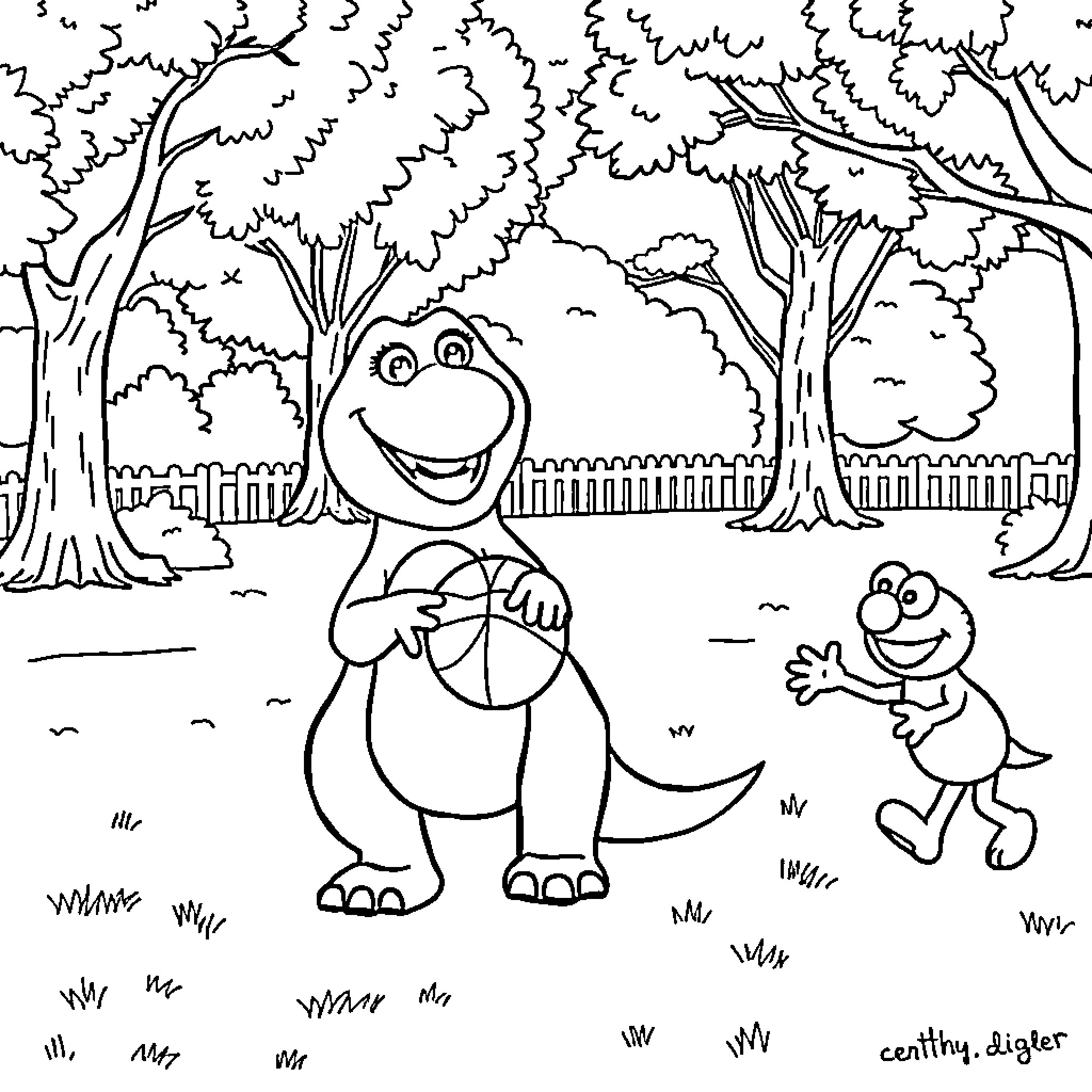 Barney and Friends Explore the Enchanted Forest Coloring Page (free black-and-white line drawing printable PDF for all, from beginners to advanced learners, including children, teens, adults, and seniors)