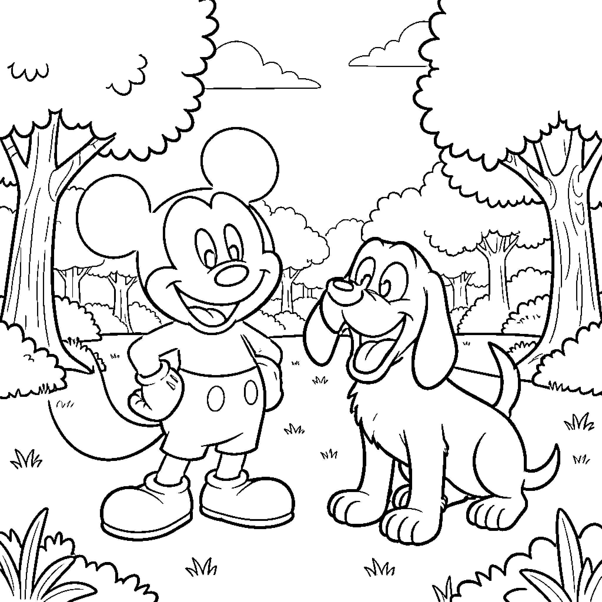 Mickey Mouse and his dog friend exploring the forest Coloring Page (free black-and-white line drawing printable PDF for all, from beginners to advanced learners, including children, teens, adults, and seniors)