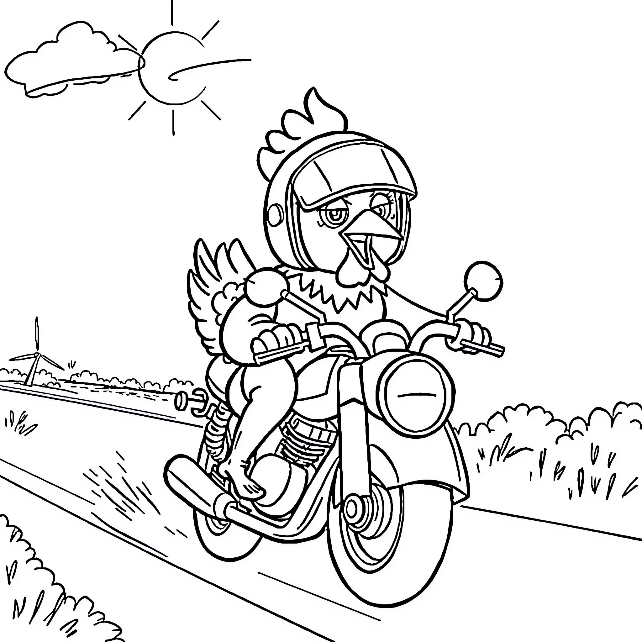 Chicken riding motorcycle on road Coloring Page (free black-and-white line drawing printable PDF for all, from beginners to advanced learners, including children, teens, adults, and seniors)