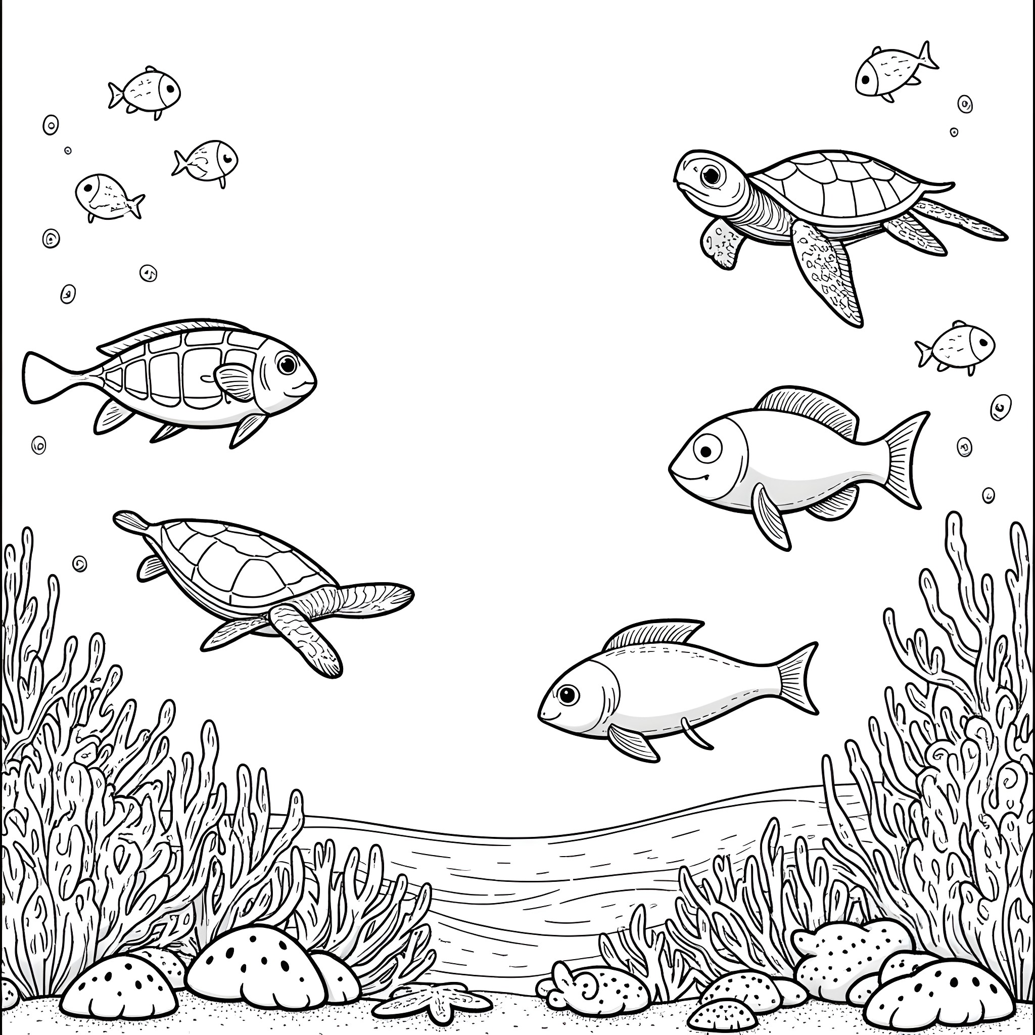 Ocean creatures swimming in the underwater scene Coloring Page (free black-and-white line drawing printable PDF for all, from beginners to advanced learners, including children, teens, adults, and seniors)