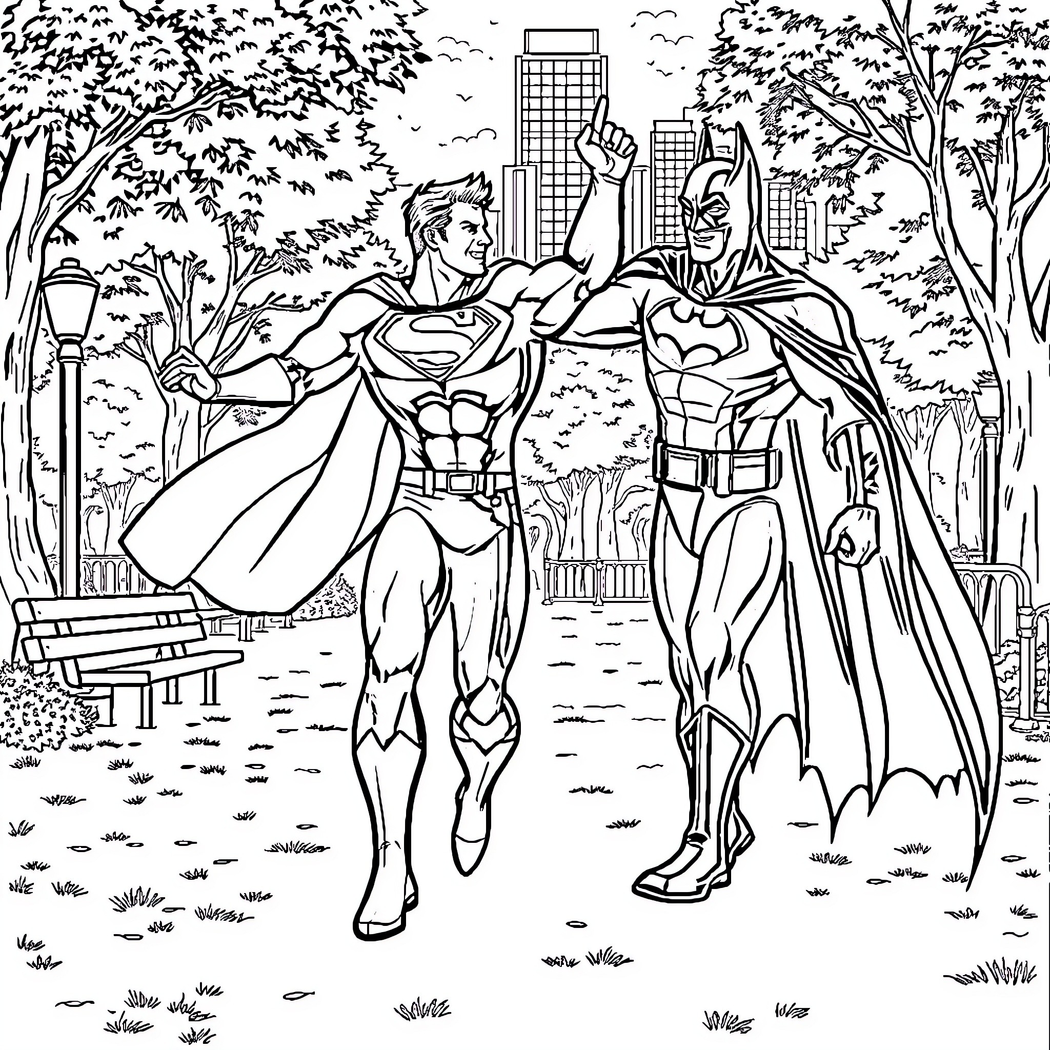 Superman and Batman heroic action in the city park Coloring Page (free black-and-white line drawing printable PDF for all, from beginners to advanced learners, including children, teens, adults, and seniors)