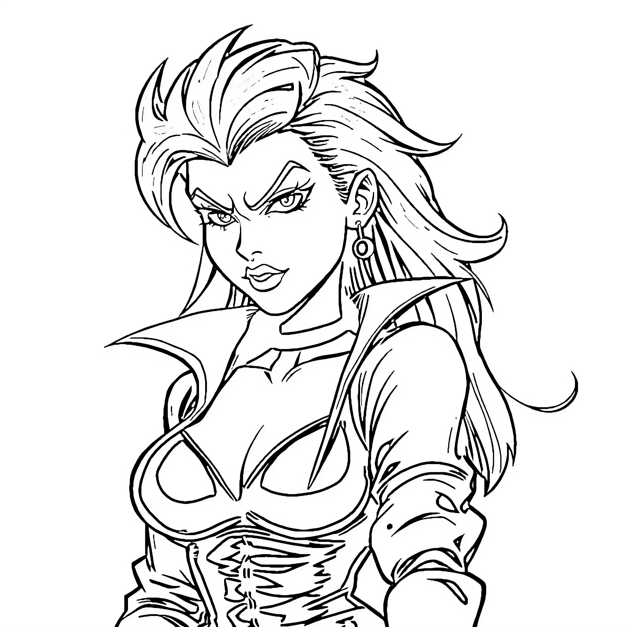 Baddie with fierce expression and dramatic outfit Coloring Page (free black-and-white line drawing printable PDF for all, from beginners to advanced learners, including children, teens, adults, and seniors)