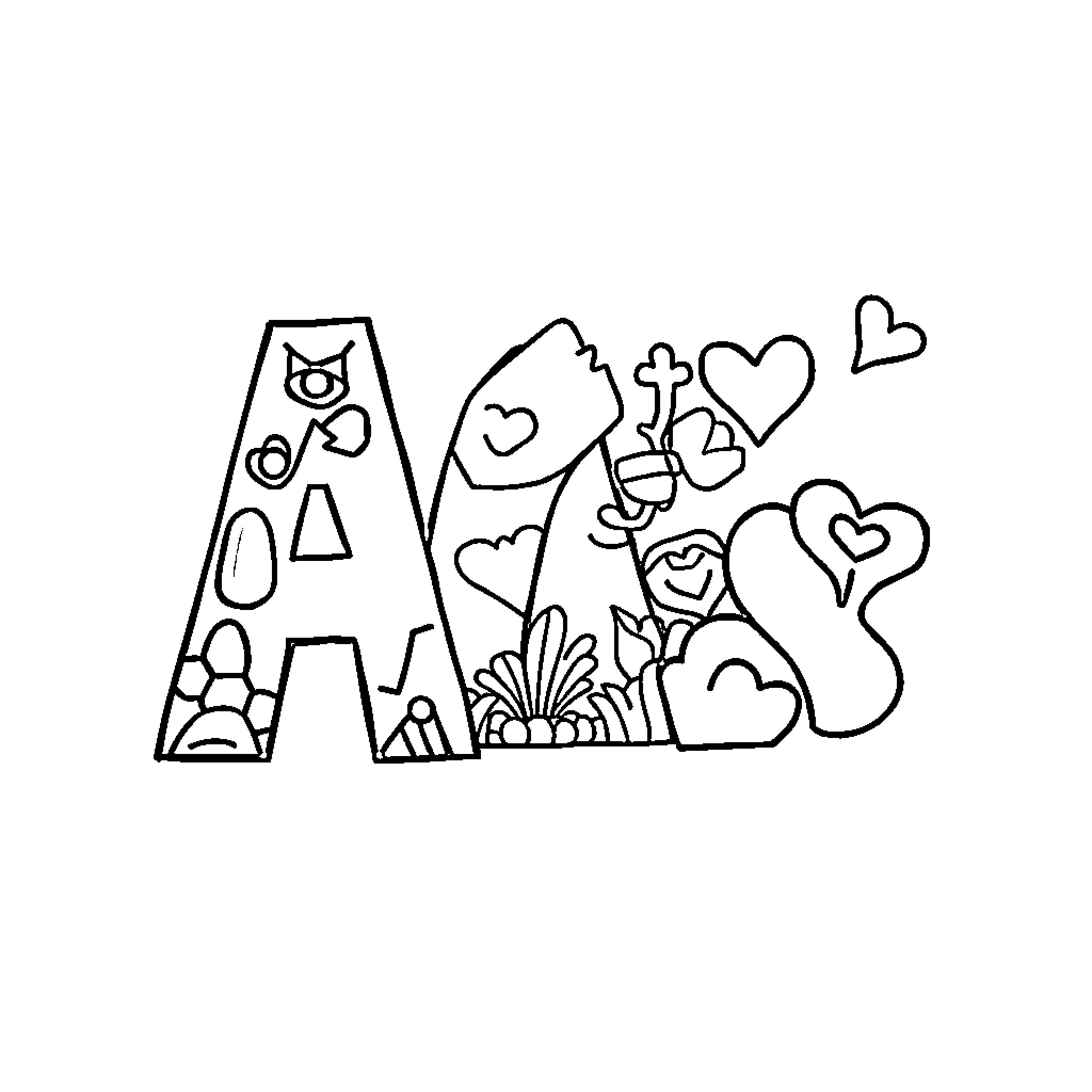 Letter A with Playful Symbols and Shapes Coloring Page (free black-and-white line drawing printable PDF for all, from beginners to advanced learners, including children, teens, adults, and seniors)