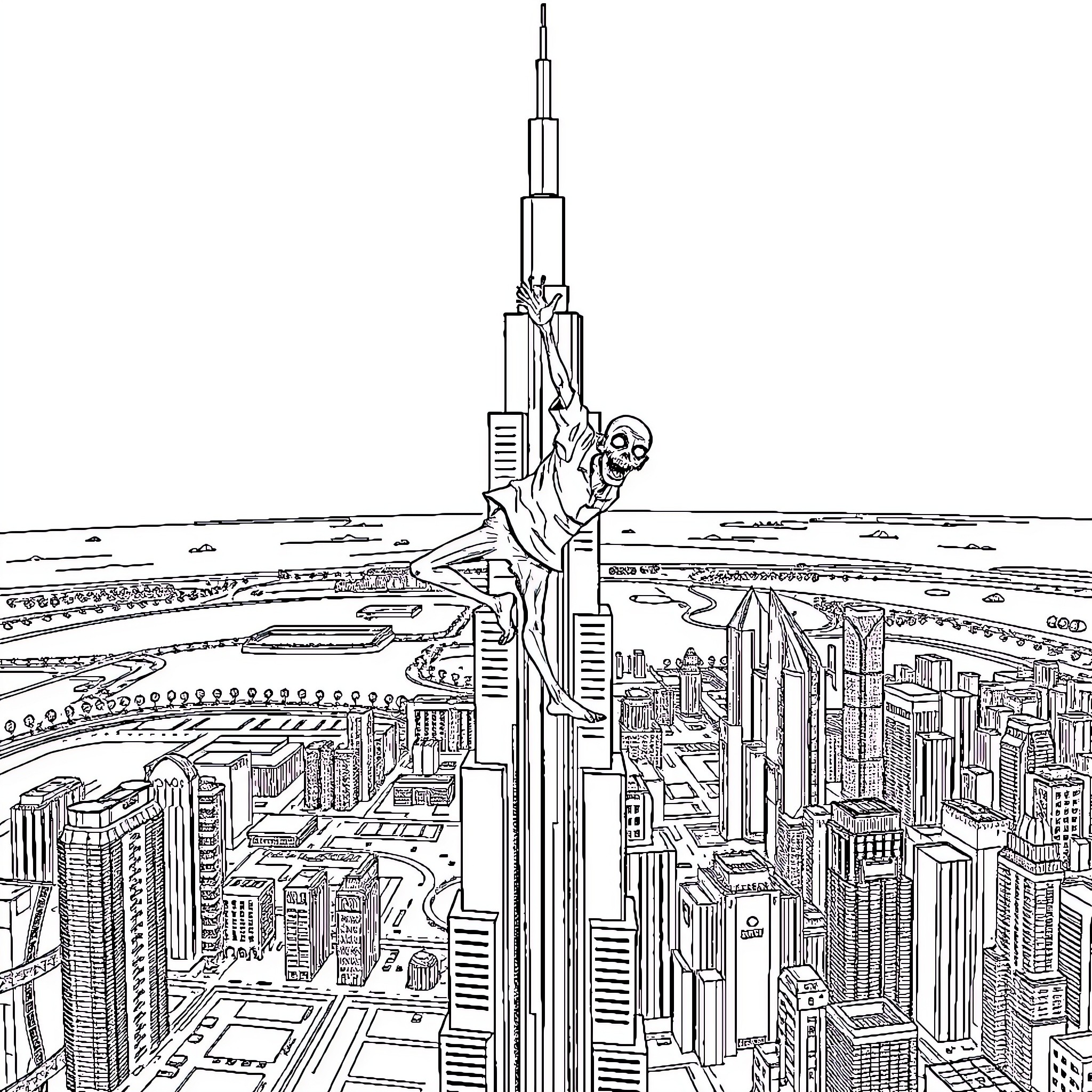 Zombie Rampages Through Futuristic City Skyline Coloring Page (free black-and-white line drawing printable PDF for all, from beginners to advanced learners, including children, teens, adults, and seniors)