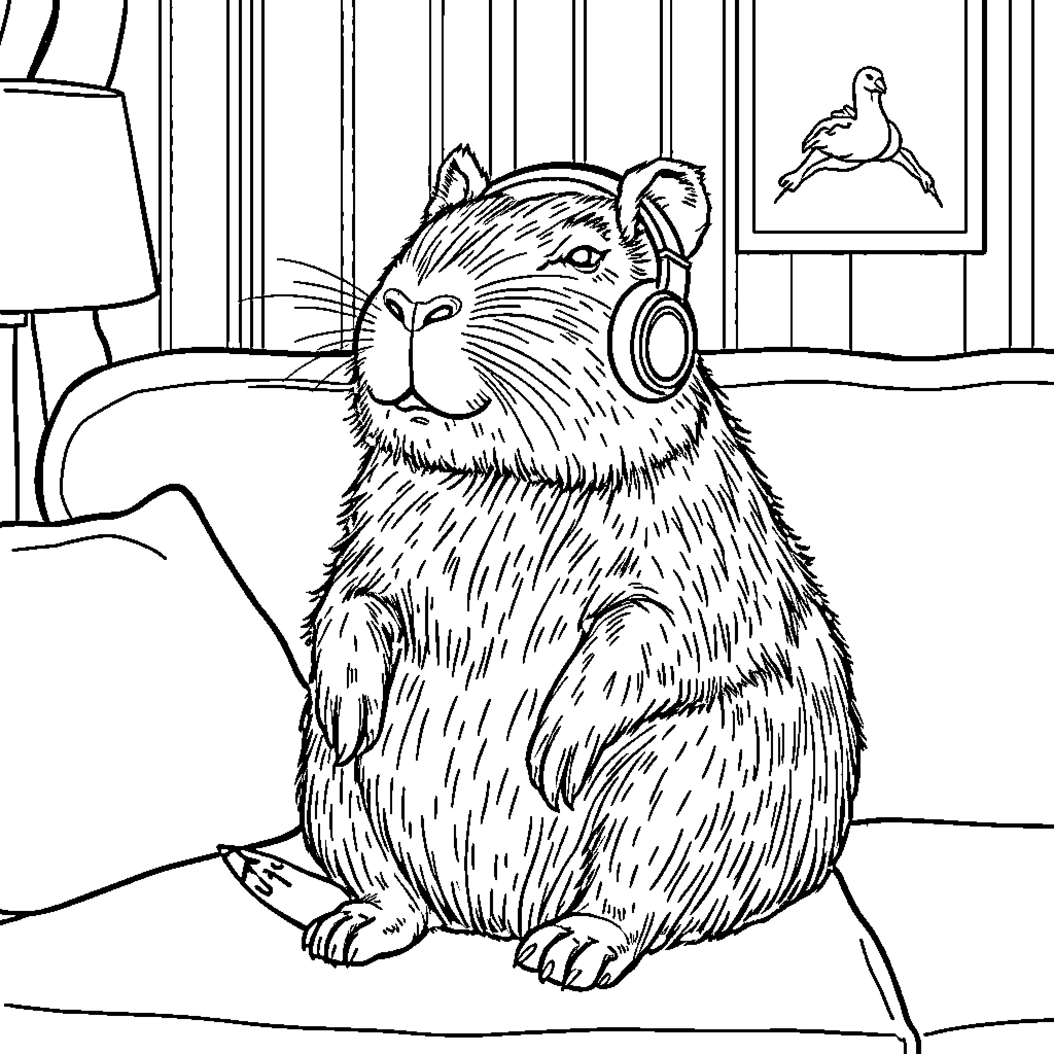 Capybara enjoying music in a cozy room Coloring Page (free black-and-white line drawing printable PDF for all, from beginners to advanced learners, including children, teens, adults, and seniors)