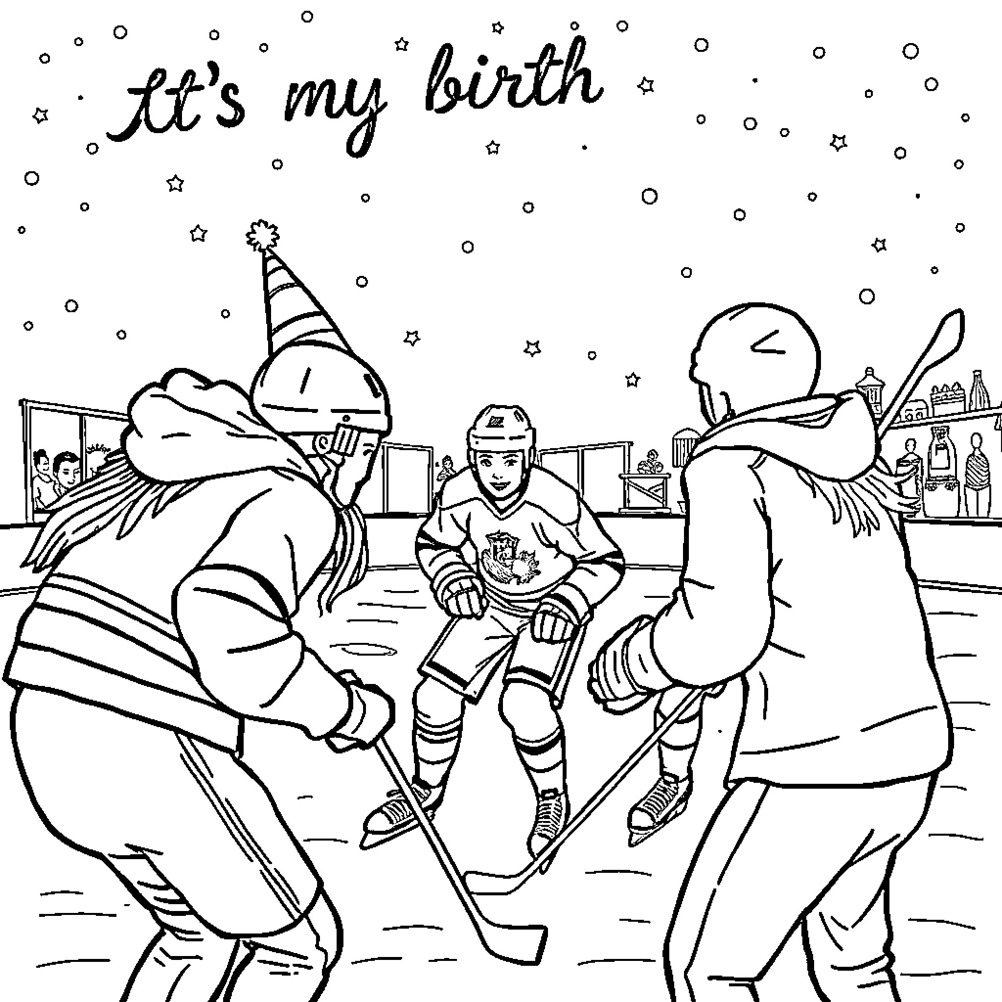 Hockey players celebrating birthday on the ice rink Coloring Page (free black-and-white line drawing printable PDF for all, from beginners to advanced learners, including children, teens, adults, and seniors)