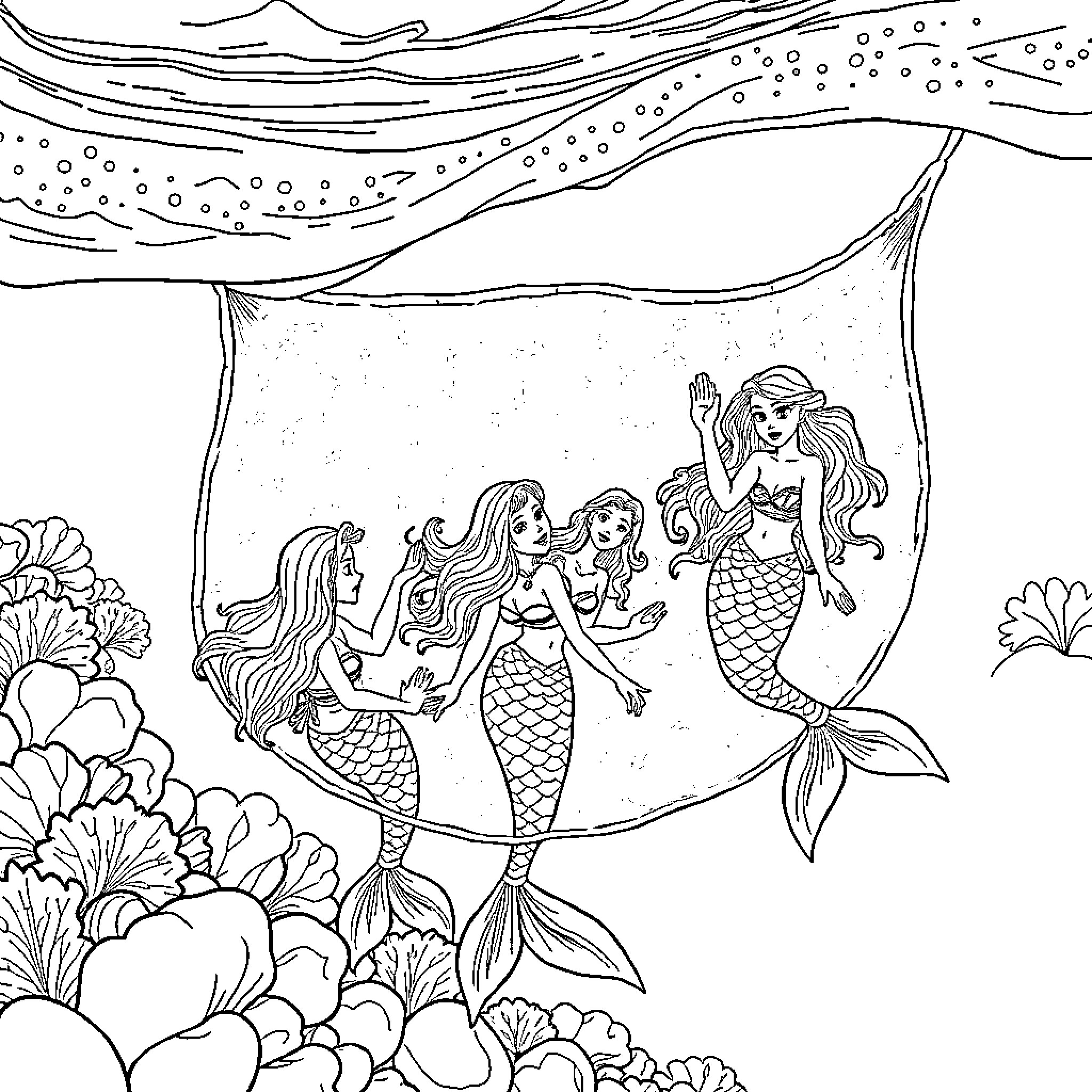 Mermaid family playing in the underwater ocean Coloring Page (free black-and-white line drawing printable PDF for all, from beginners to advanced learners, including children, teens, adults, and seniors)