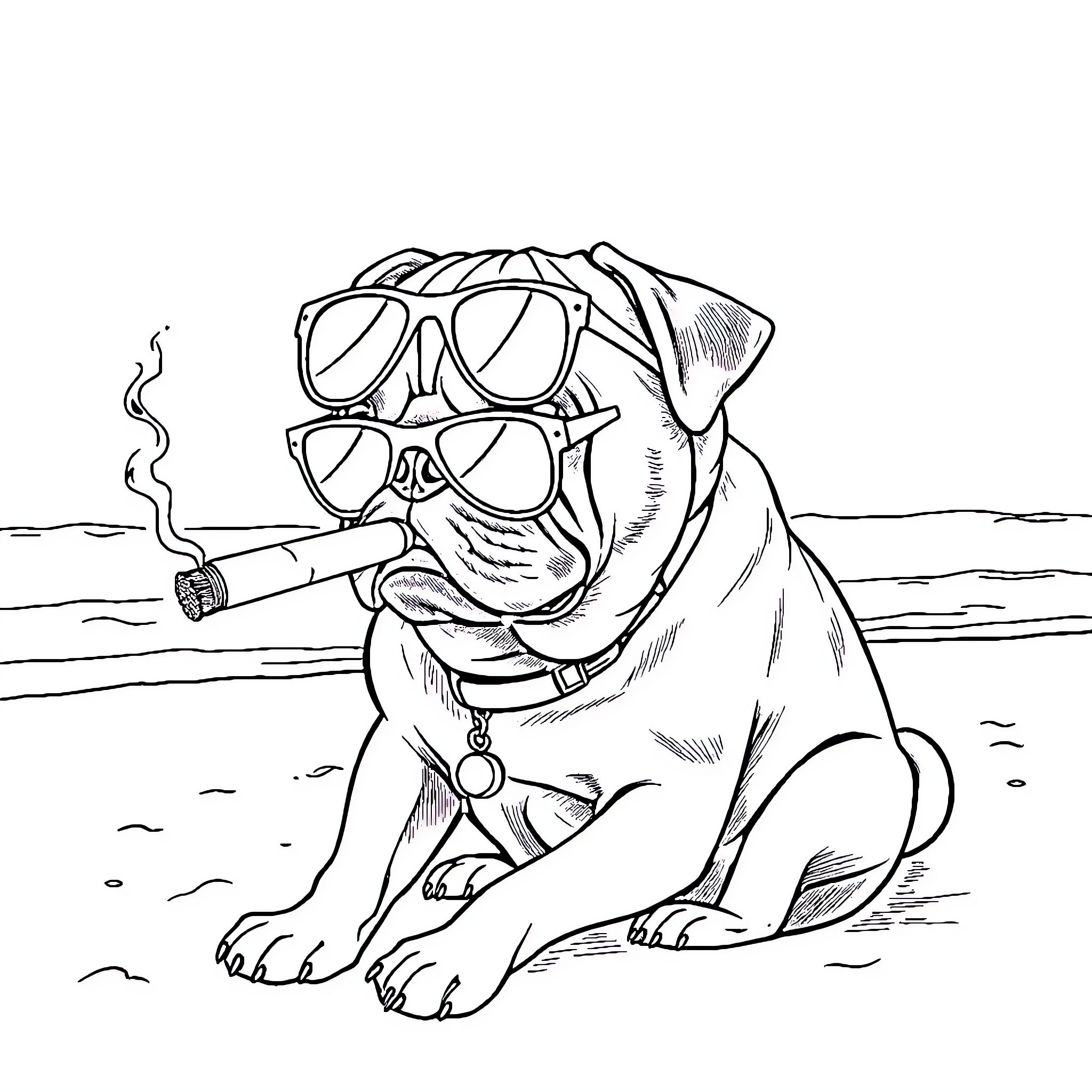 Pug enjoying a cigar at the beach Coloring Page (free black-and-white line drawing printable PDF for all, from beginners to advanced learners, including children, teens, adults, and seniors)