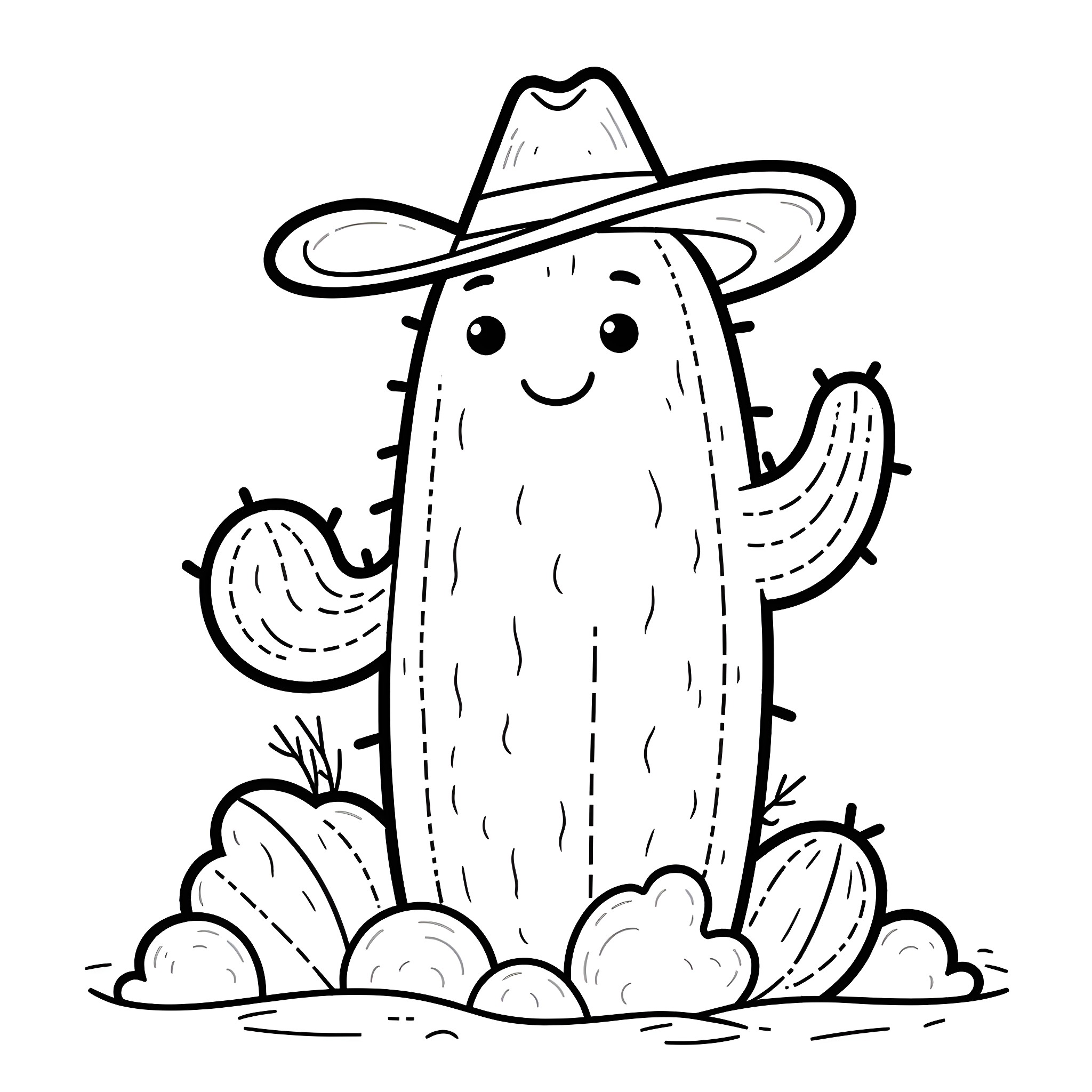 Cactus wearing a cowboy hat in the desert Coloring Page (free black-and-white line drawing printable PDF for all, from beginners to advanced learners, including children, teens, adults, and seniors)
