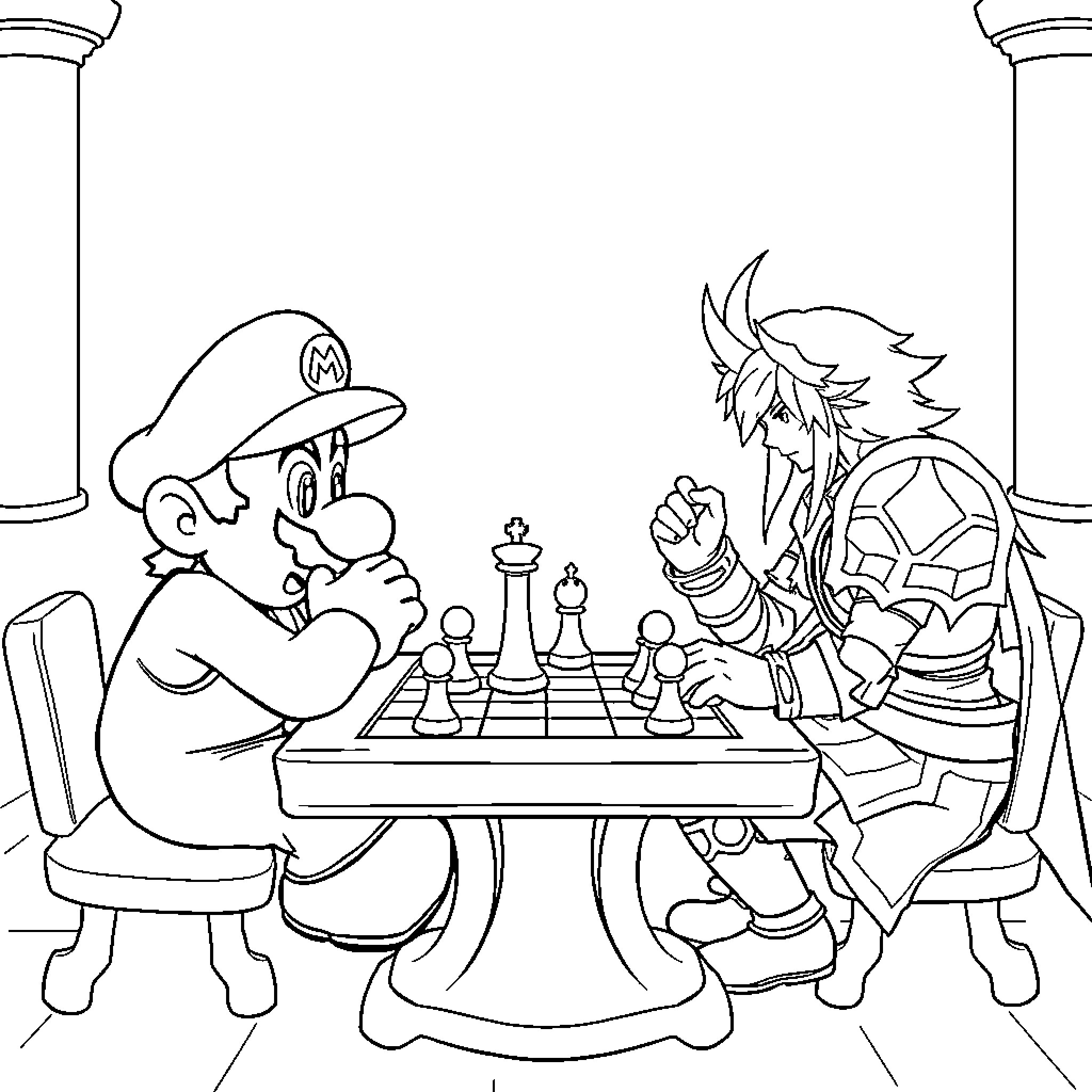 Mario playing chess with a knight character Coloring Page (free black-and-white line drawing printable PDF for all, from beginners to advanced learners, including children, teens, adults, and seniors)