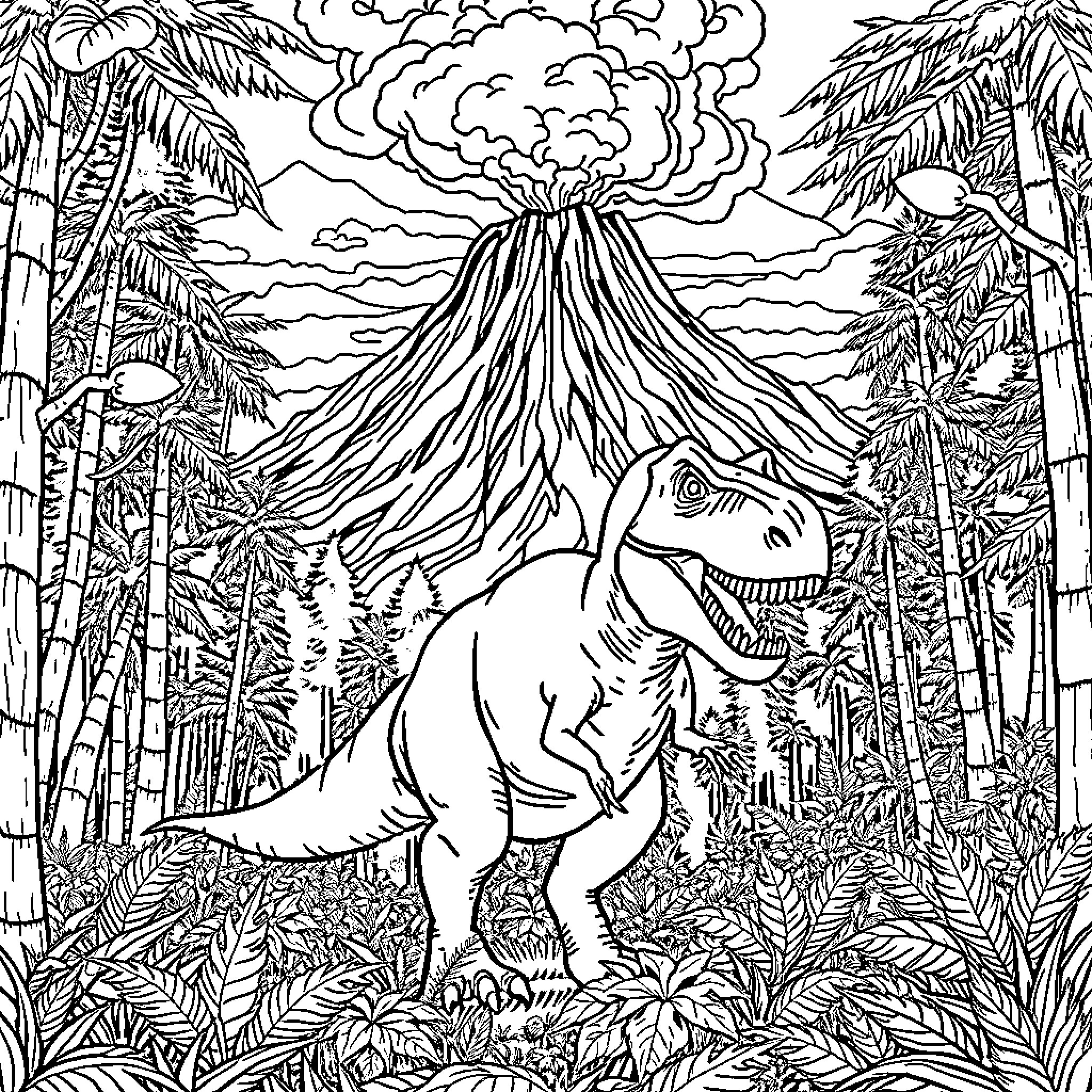 T-Rex Stomping Through Prehistoric Jungle Coloring Page (free black-and-white line drawing printable PDF for all, from beginners to advanced learners, including children, teens, adults, and seniors)