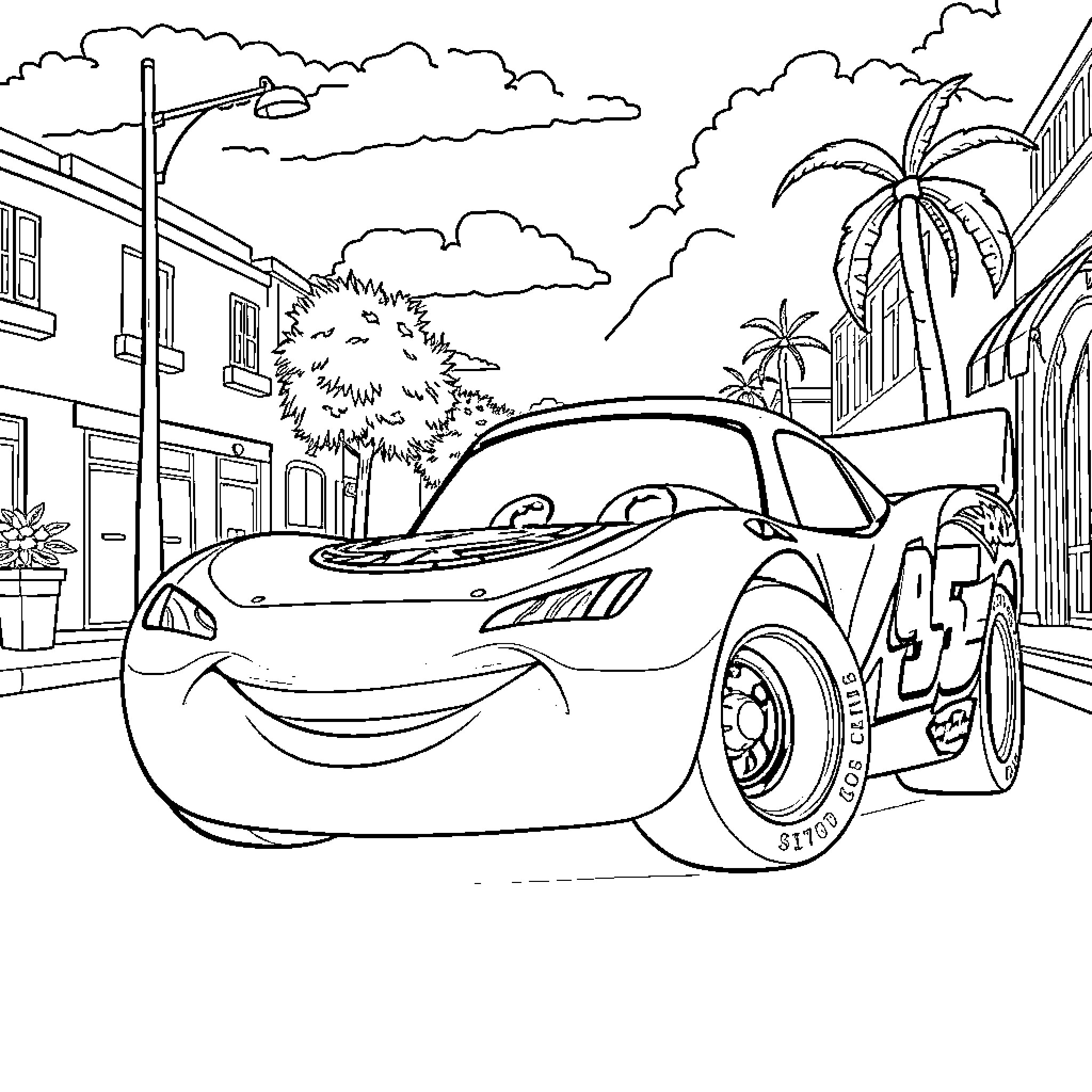 Lightning McQueen driving through a tropical town Coloring Page (free black-and-white line drawing printable PDF for all, from beginners to advanced learners, including children, teens, adults, and seniors)