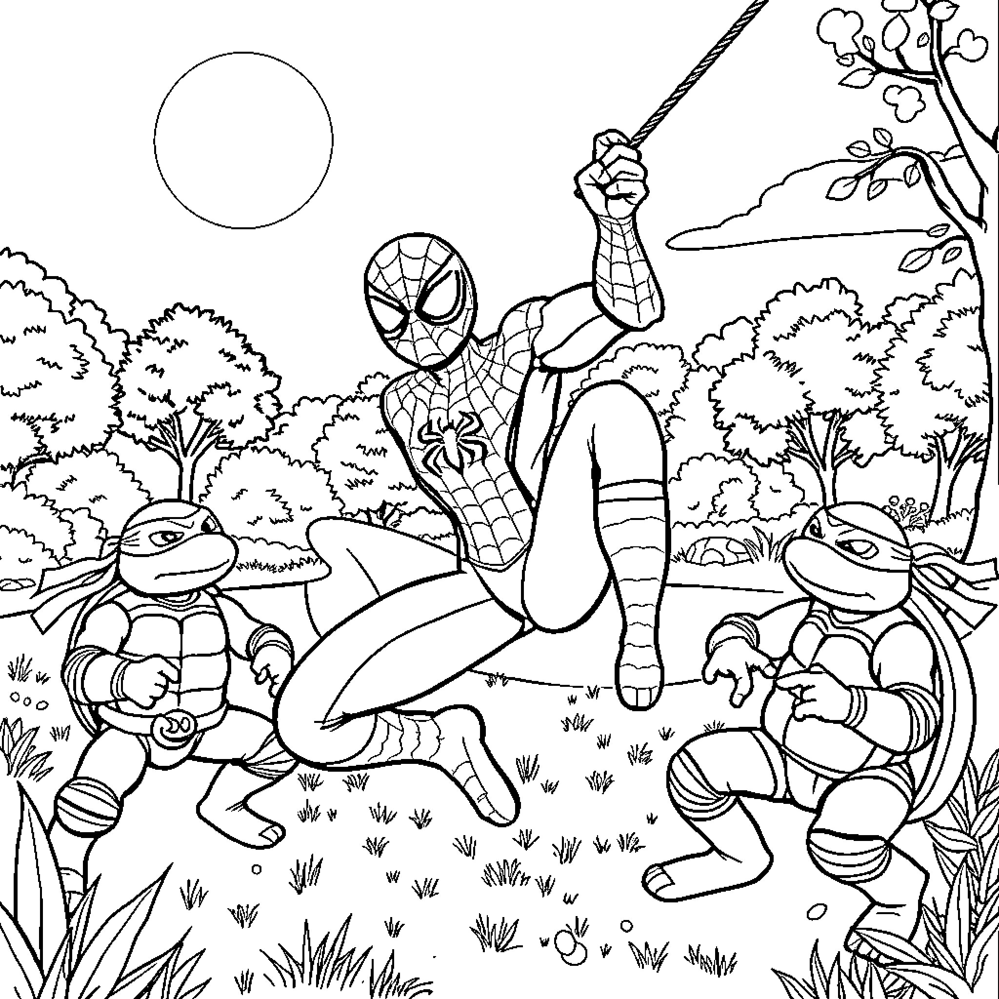 Spidey battles Turtles in the forest Coloring Page (free black-and-white line drawing printable PDF for all, from beginners to advanced learners, including children, teens, adults, and seniors)