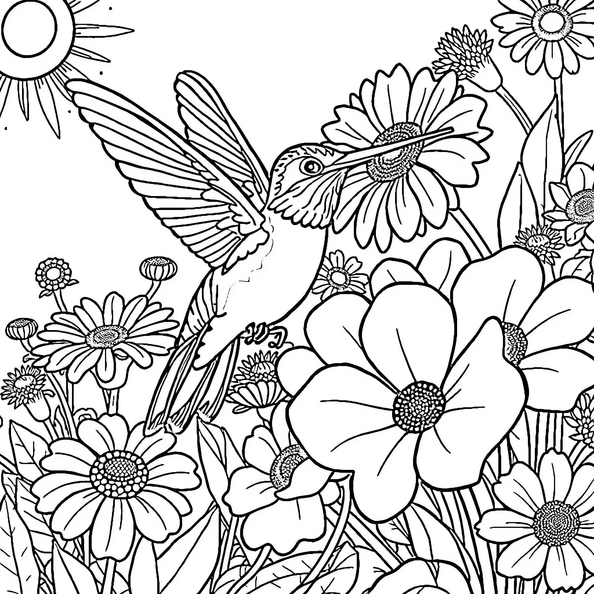 Hummingbird enjoying floral garden Coloring Page (free black-and-white line drawing printable PDF for all, from beginners to advanced learners, including children, teens, adults, and seniors)