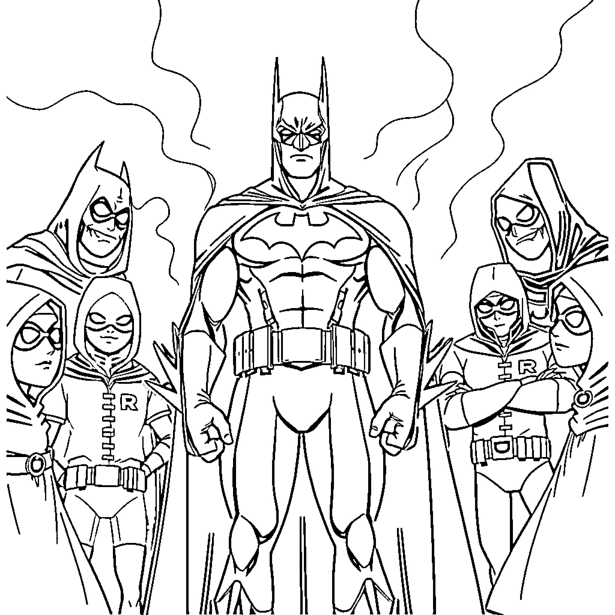 Batman and his allies in action Coloring Page (free black-and-white line drawing printable PDF for all, from beginners to advanced learners, including children, teens, adults, and seniors)