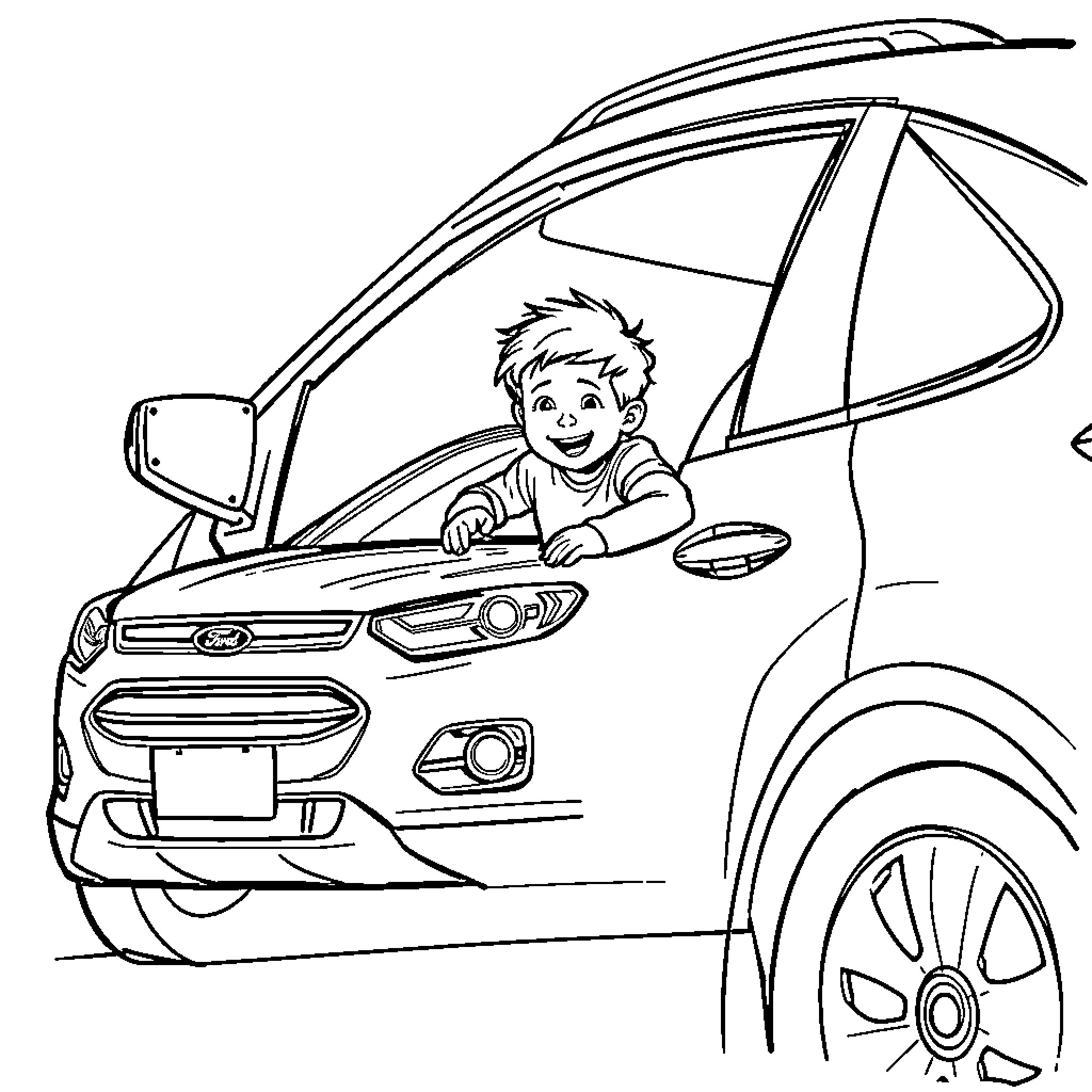 Pinball Boy Driving Joyfully in a Modern Car Coloring Page (free black-and-white line drawing printable PDF for all, from beginners to advanced learners, including children, teens, adults, and seniors)