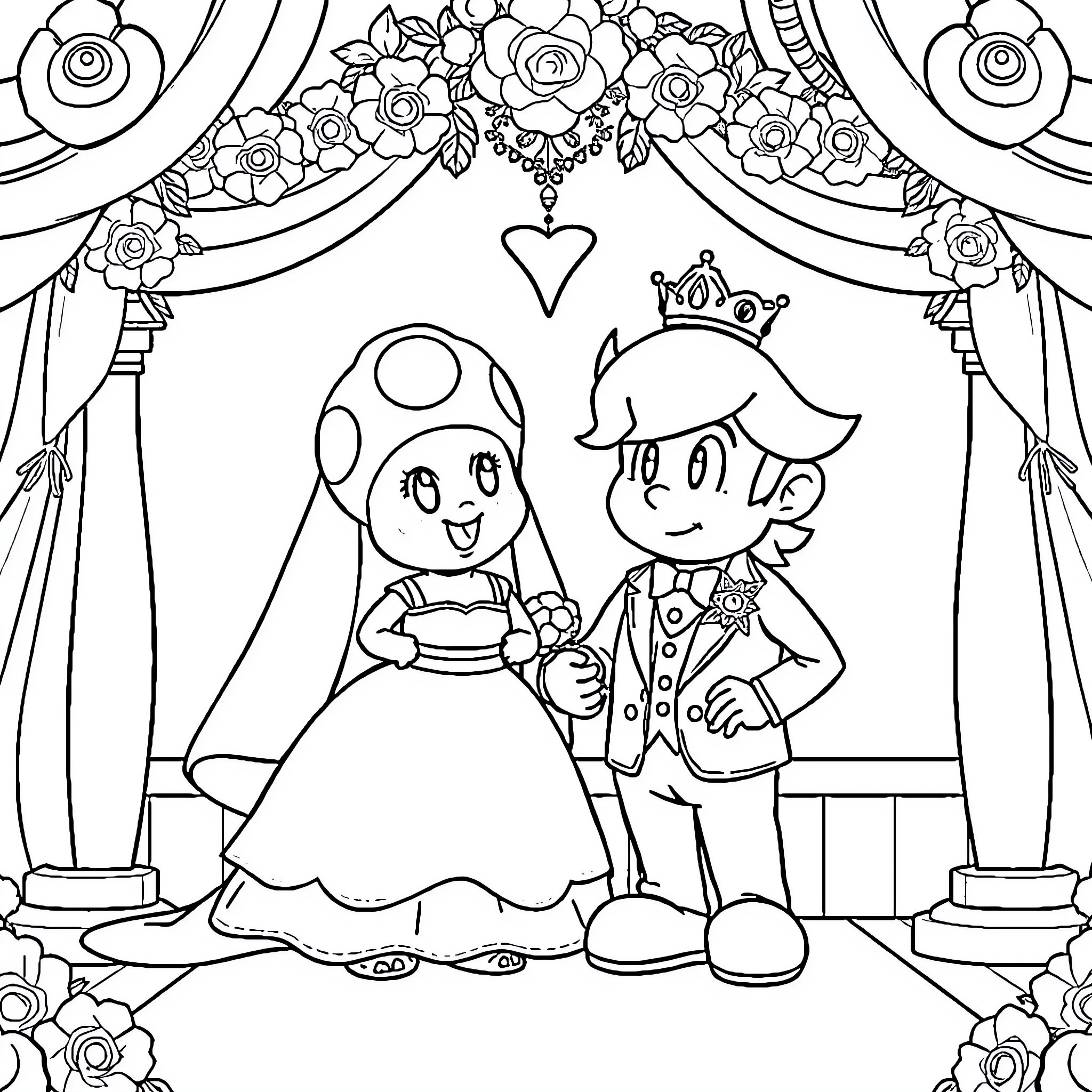 Toad couple getting married in a flower-filled ceremony Coloring Page (free black-and-white line drawing printable PDF for all, from beginners to advanced learners, including children, teens, adults, and seniors)