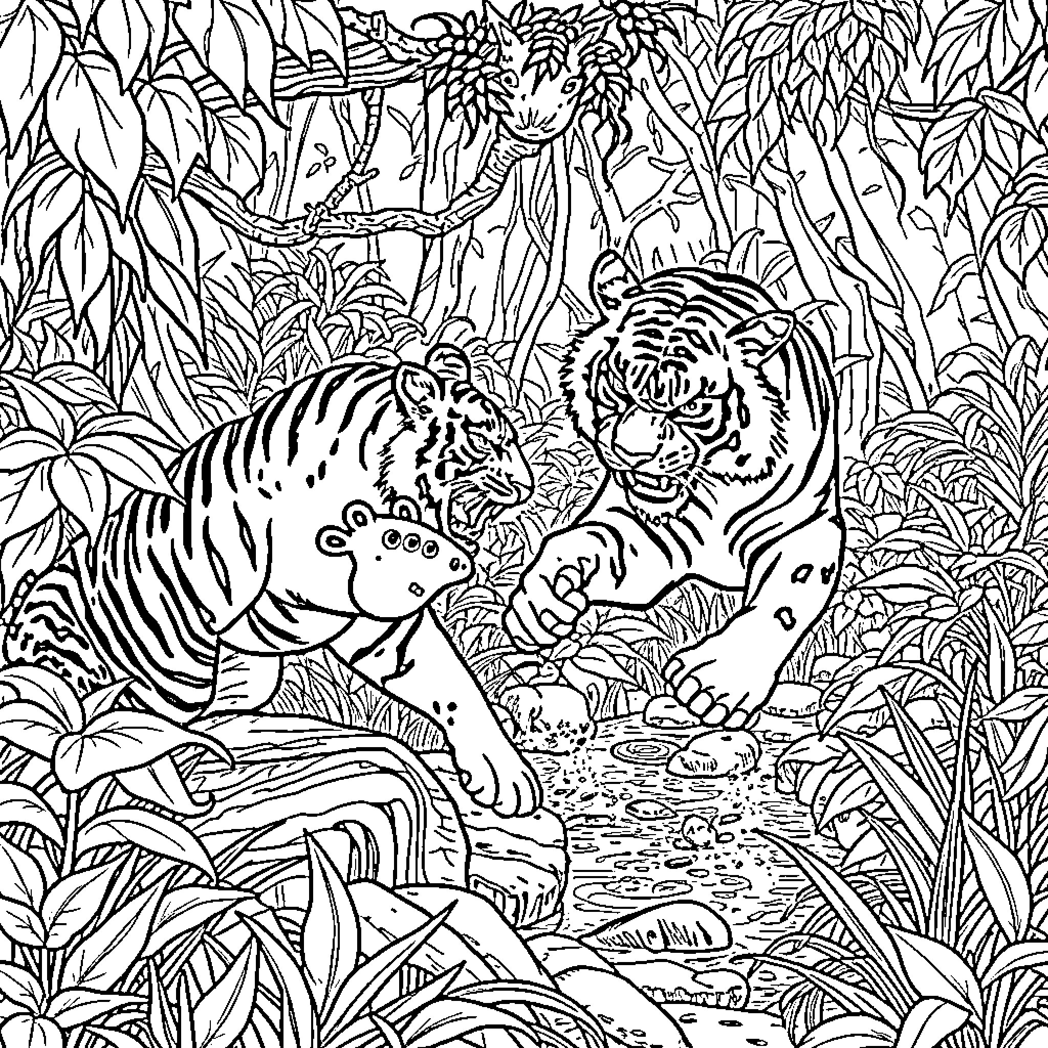 Tigers roaming in the lush jungle Coloring Page (free black-and-white line drawing printable PDF for all, from beginners to advanced learners, including children, teens, adults, and seniors)