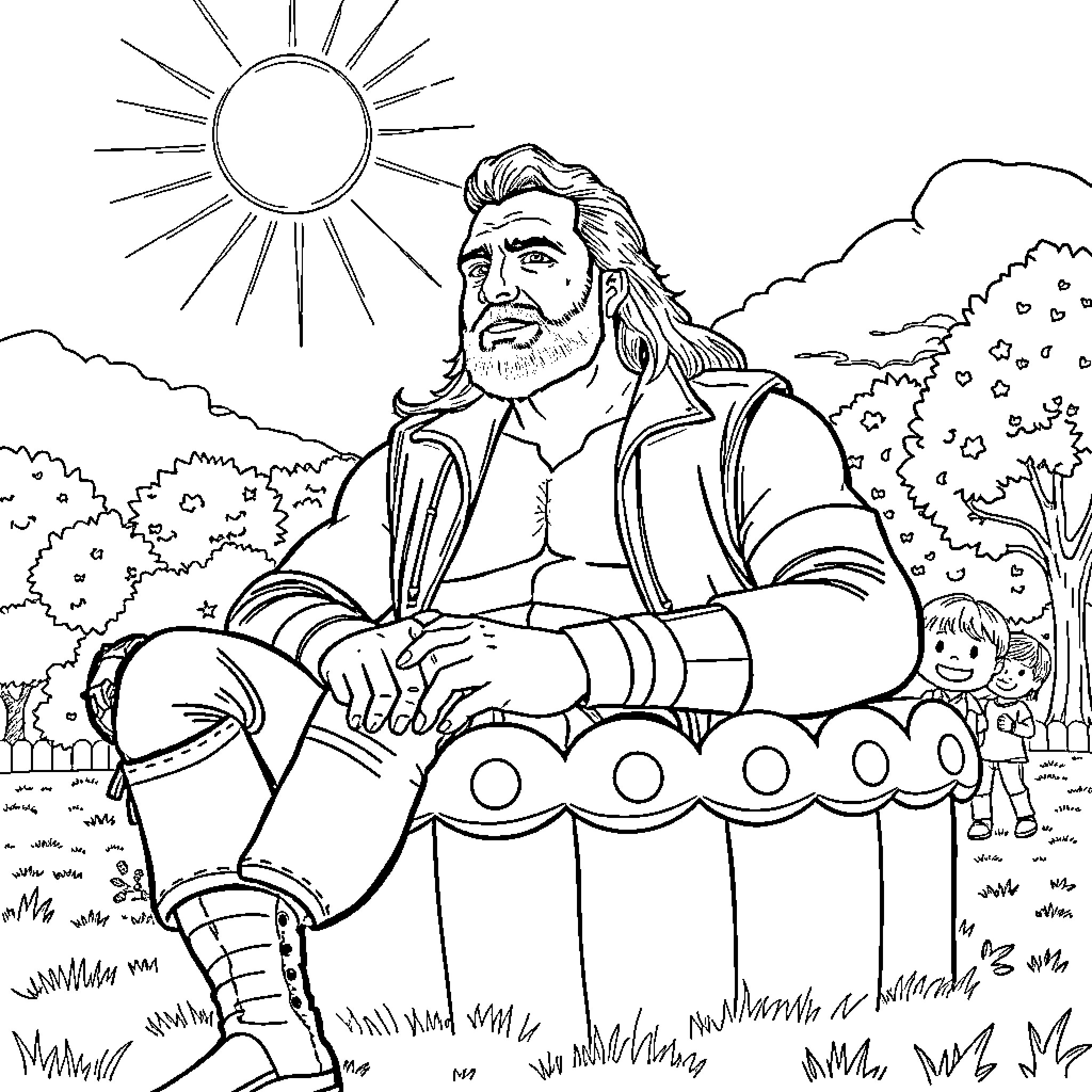 Bret Hart relaxing in a serene outdoor setting Coloring Page (free black-and-white line drawing printable PDF for all, from beginners to advanced learners, including children, teens, adults, and seniors)