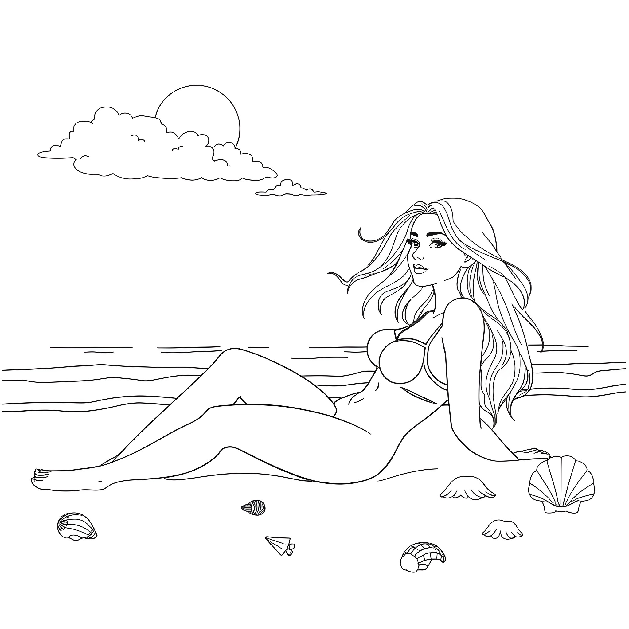 Girl relaxing on the beach under the sun Coloring Page (free black-and-white line drawing printable PDF for all, from beginners to advanced learners, including children, teens, adults, and seniors)
